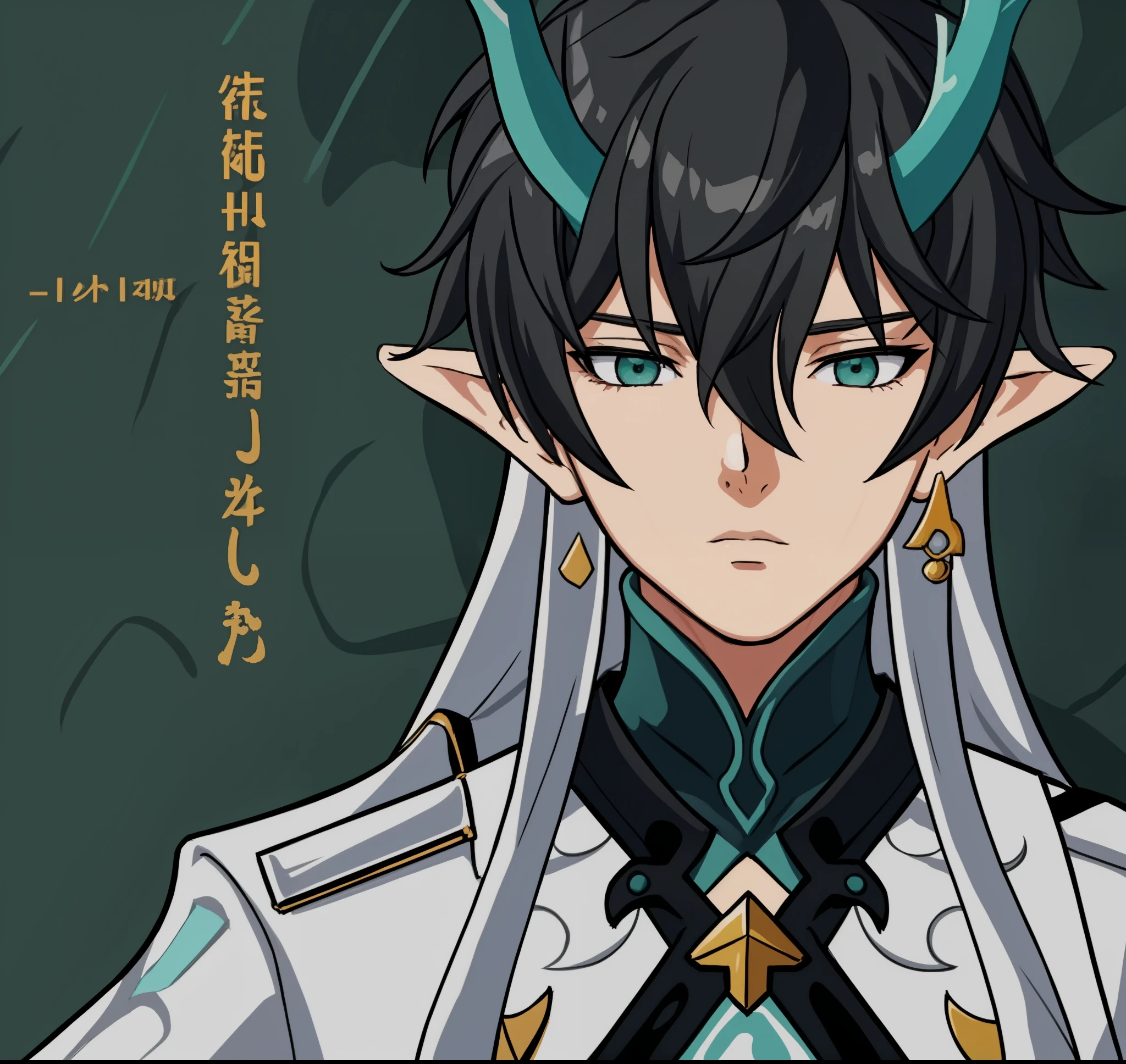 anime boy, calm, relaxed expression, black hair, sea green eyes, black suit, gold ornaments, green horns, elf ears, a drawing of a man in chinese clothes, 1boy, masterpiece, (beautiful and aesthetic:1. 5), thick black lineart, clean lineart, perfect lineart, variable lineart, thick lineart, clean anime outlines, intense line art, bold lineart, sharp lineart, heavy lineart, line art, best quality, high quality, high details, super detail, anatomically correct, best quality, ultra-detailed, colourful, saturated colours, dynamic lighting, HD,