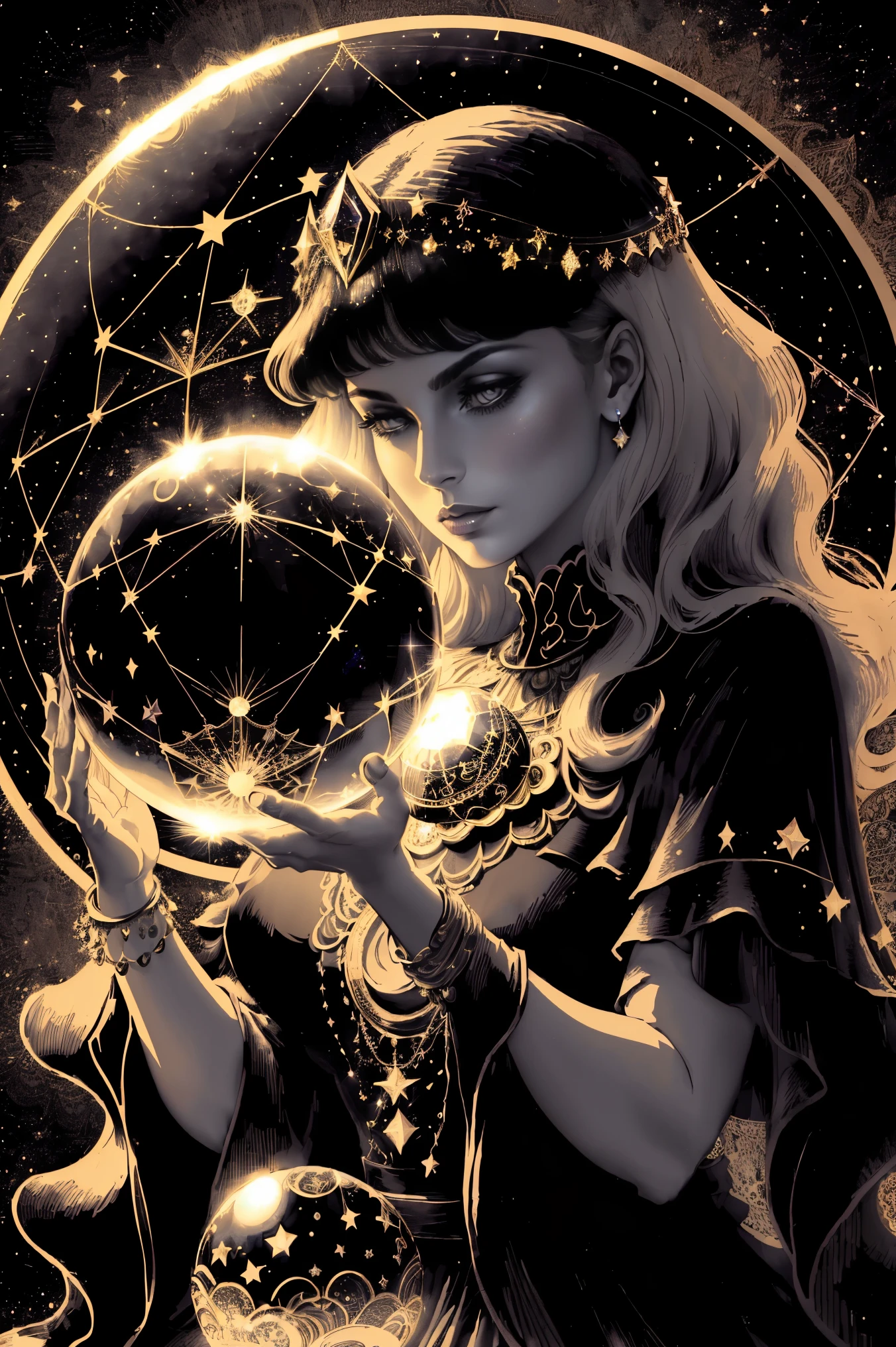 "(Vintage style:1.3),(Mysterious mood:1.2),(Astrology:1.2),(Crystal ball:1.2),(Dark background:1.1),(Vector art),(Contour art),(T-shirt design),(Hands holding:1.1), white background) depicting a woman holding a crystal ball with stars and constellations inside, her face hidden in the shadows, surrounded by a mysterious and mystical atmosphere.