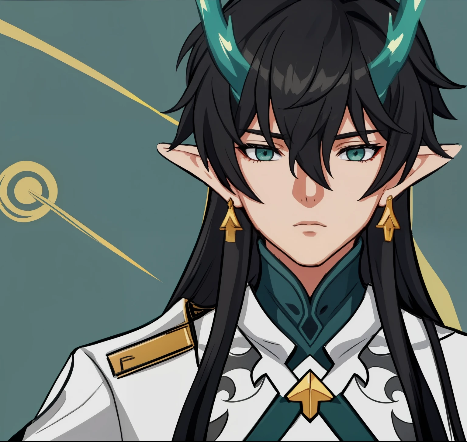 anime boy, calm, relaxed expression, black hair, sea green eyes, white suit, gold ornaments, green horns, elf ears, a drawing of a man in chinese clothes, 1boy, masterpiece, (beautiful and aesthetic:1. 5), thick black lineart, clean lineart, perfect lineart, variable lineart, thick lineart, clean anime outlines, intense line art, bold lineart, sharp lineart, heavy lineart, line art, best quality, high quality, high details, super detail, anatomically correct, best quality, ultra-detailed, colourful, saturated colours, dynamic lighting, HD,