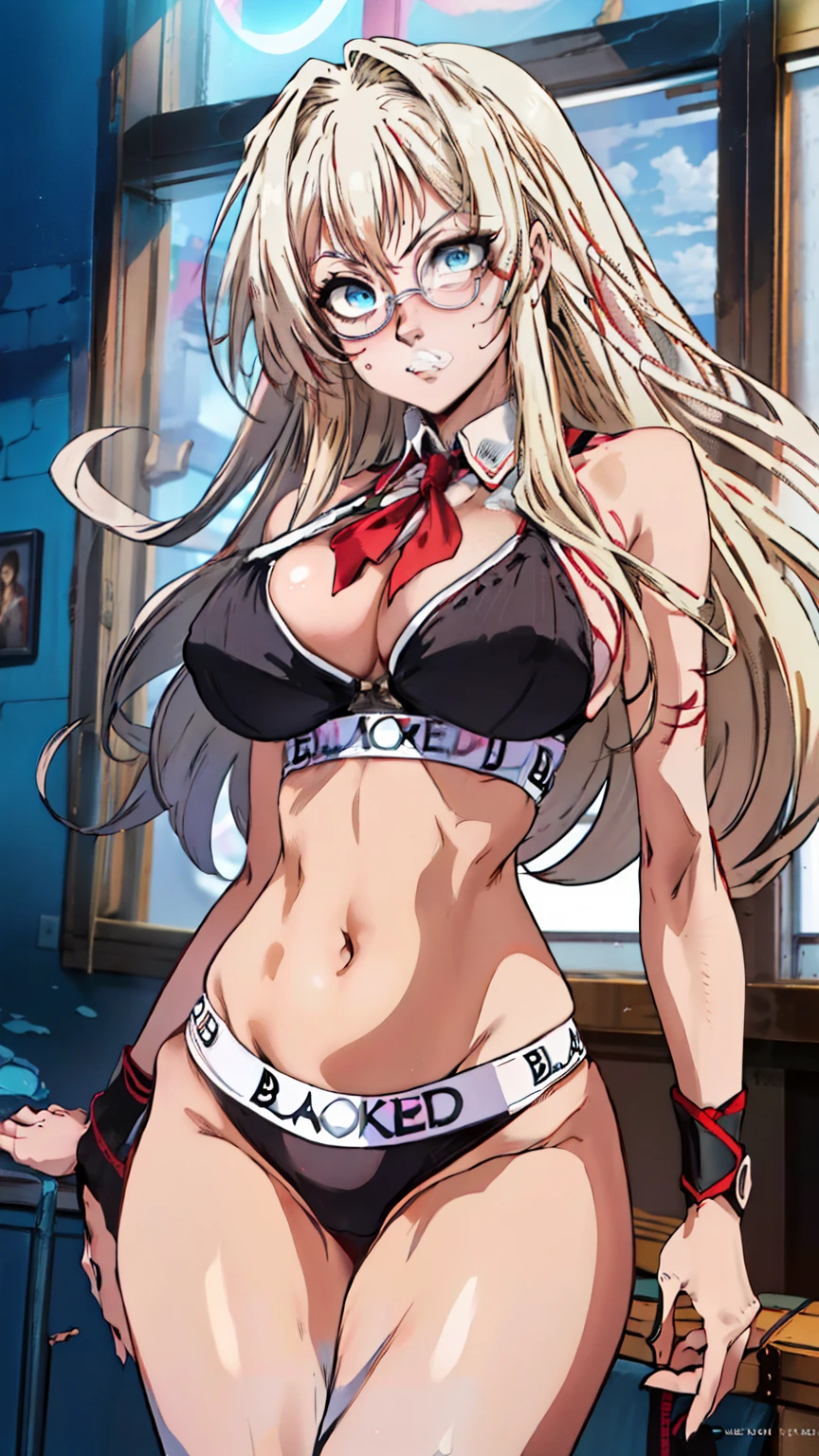 (masterpiece, highest quality, best quality, official art, beautiful and aesthetic: 1.2), (1girl), extremely detailed, (fractal art: 1.3), colorful, highest detailed, perfect face, upper body, HDR, ), vivid visual effects, (dynamic stripes, luminous traces: 1.2), long blonde hair, hellsing, integra, breast focus, breasts, large breasts, bare breasts, naked, nude, boob window, sexy, wide hips, thicc figure, Detailed blue eyes, Detailed face, Detailed eyes, BLACKED, BLACKED UNDERWEAR, BLACKED PORNO