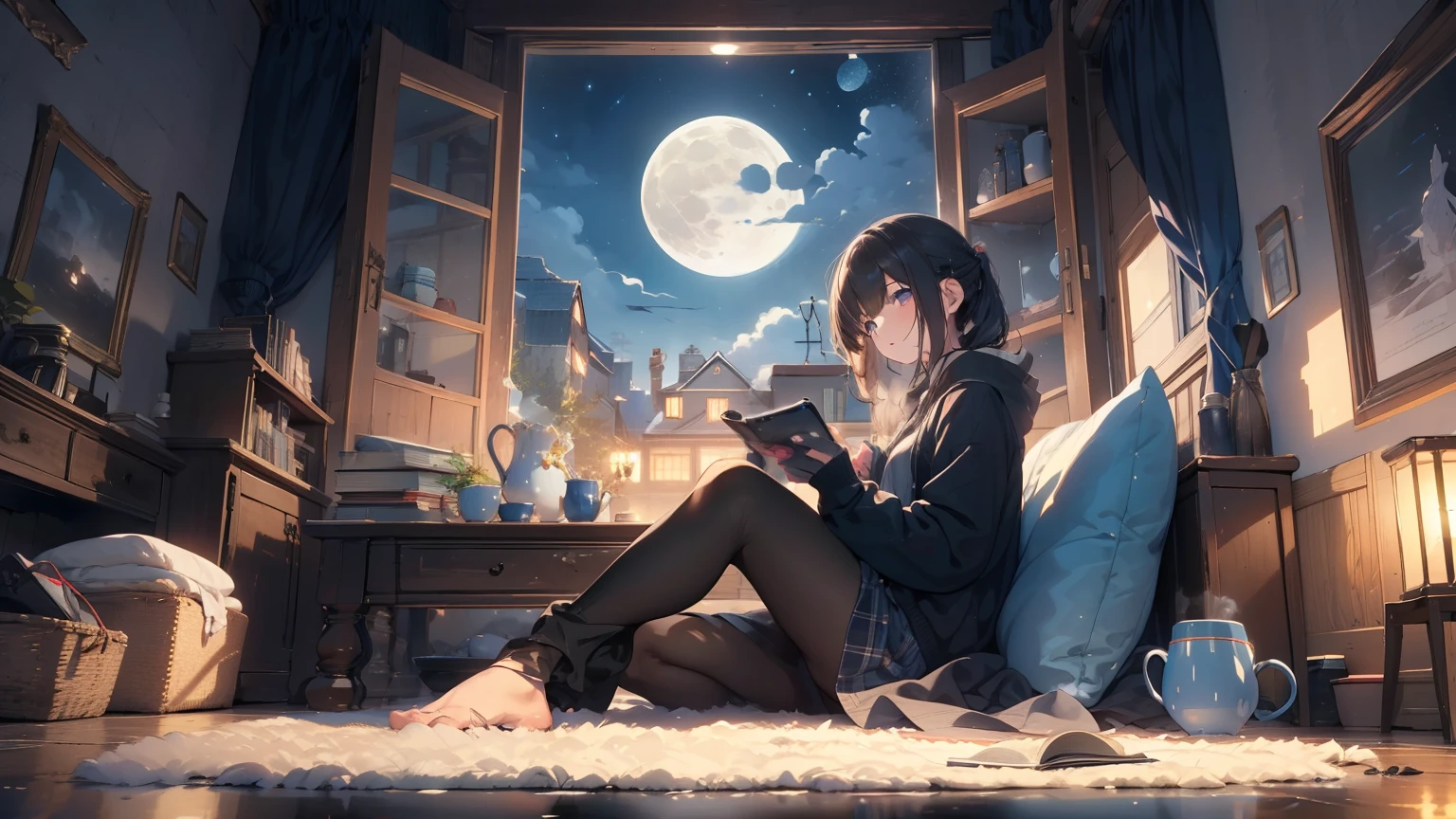 A girl sleepily looking at her cell phone with a book in one hand, 17 years old, sitting on one of the many cushions on the rug, no glasses, moonlight coming through a large window, pale blue light. Meteors streaming in, mug and bite-sized cookies on one side, warm steam coming from the cup,.