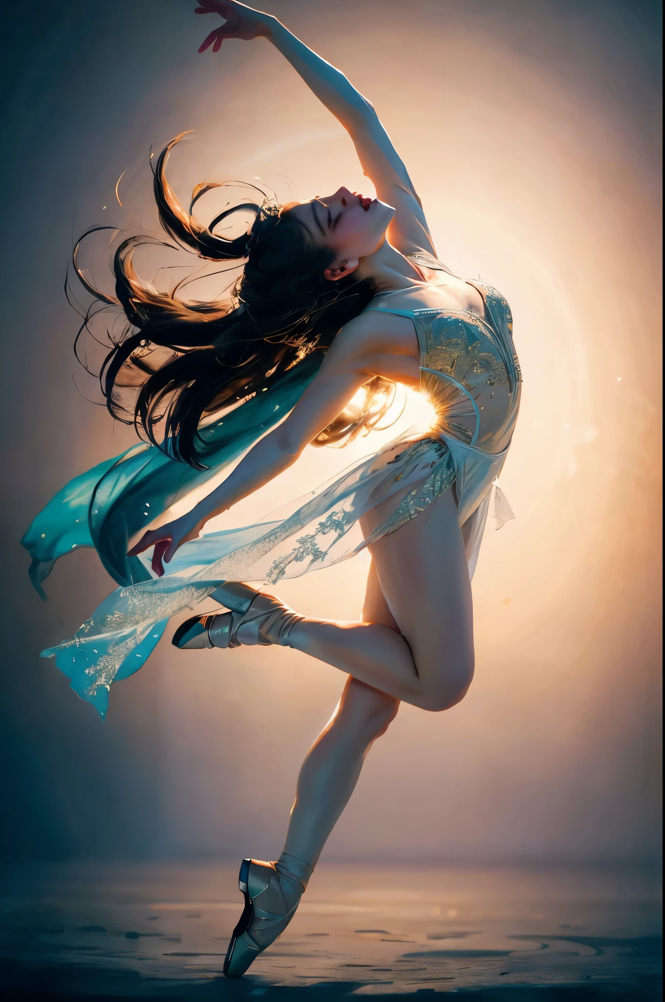 Dynamic portrait captures ballet dancer jumping, congelado en un momento impresionante de gracia y elegancia. The subject&#39;s graceful pose and fluid costume are highlighted by dynamic lighting and particle effects.. The photography style resembles an ethereal watercolor painting, Enfatizando la fluidez y la belleza. Camera Parameters: Nikon Z6, f/1.4 aperturas, ISO 320, shutter speed 1/500