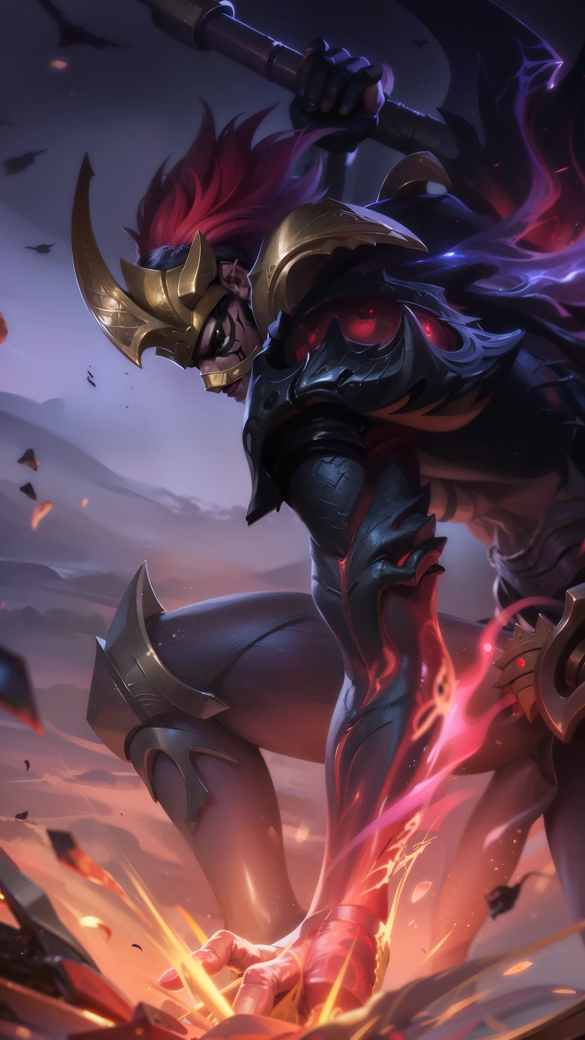 masculine male, masterpiece, ((perfect eyes)) best quality, (semirealism:1.9), beautiful lighting, (extremely detailed CG unity 4k fhd wallpaper), High Detail, Sharp focus, dramatic outdoors, red short hair, 4k ultra HD, detailed all picture, a close up of a devil, hanzo from mobile legend, evil, extremely detailed artgerm, mobile legends character, inspired by hanzo, Six pack chest and abs, sword, mask.