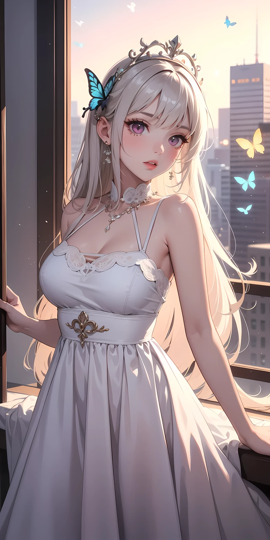 masterpiece, highest quality, (solo focus), (perfect face:1.1), (high detail:1.2), an angelic woman with long white hair, pink eyes, butterflies, she's surrounded by magic, wearing a white dress, pouty lips, angelic city detailed background, cinematic lighting, light volumetric lighting, majestic bokeh
