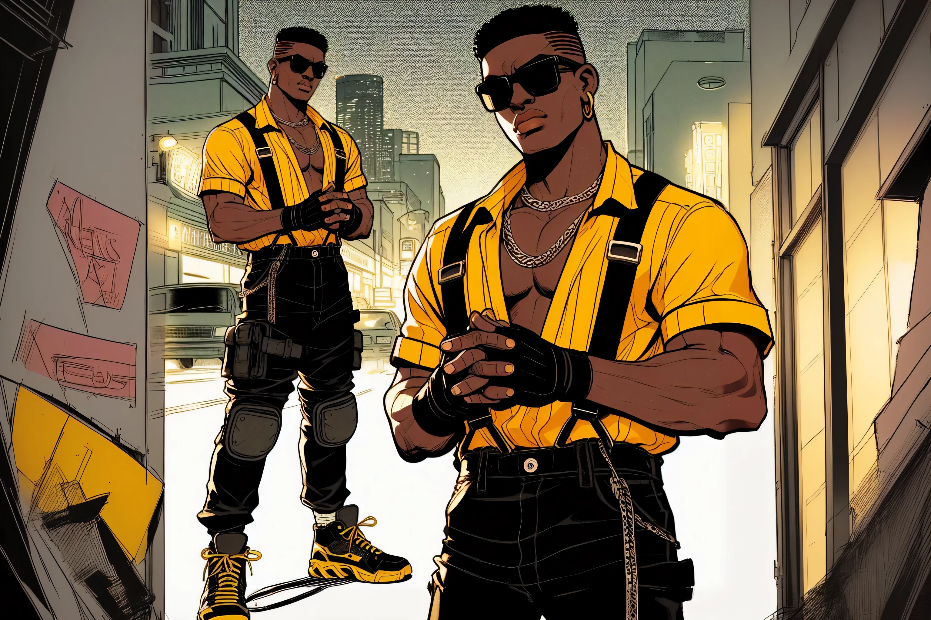 Estilo de anime dos anos 90, ultra-detailed illustration of a black man who remembers Adam Hunter from the Street of Rage games, He wears a yellow shirt with black suspenders and black pants with sneakers with black and yellow details and wears combat training gloves with knee pads and an Undercut haircut and wears sunglasses, action fight scene, standing in Los Angeles 1990, linhas de tinta em negrito, Cel sombreado, cores suaves silenciadas, lomographic colors, vintage quente, urban environment with neon lights illumination