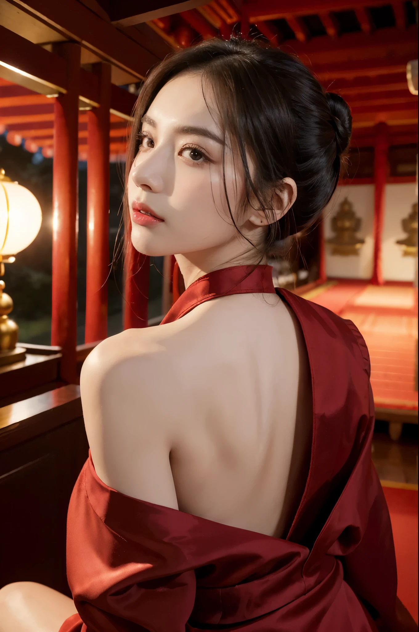 ((((8k))),((Extremely meticulous CG)) ,(wallpaper),16k,((Extremely refined and beautiful)),(((Masterpiece))),(((best qualtiy))),(((Ultra High Resolution))),beautiful light up,Perfect lightning,realistic shaded,[A high resolution],(Smooth and flawless fair skin:1.5),(pale skin:1.3),Extremely exquisite facial details,(perfect body:1.1),ultra-detailed,A beautiful girl,(small head:1.2),(bun hair:1.3),(small face:1.2),Exquisite makeup,(close eyes:1.5),(small breasts:1.2),(flat chests:1.2),(slim,thin),happy,(smile:1.2),(collar:1.2),(Gorgeous red robe:1.5),(red hakama:1.2),(night scene:1.5),(indoor:1.2),(In a luxurious Buddhist temple hall:1.5),(bright lights:1.2),(detailed background:1.5),(Sitting cross legged upright on a lotus flower:1.3),(Devoutly praying:1.3),(meditation:1.3),(In front of the Buddha statue:1.3),(upper body:1.3),(from back:1.3),(Smoky:1.3),