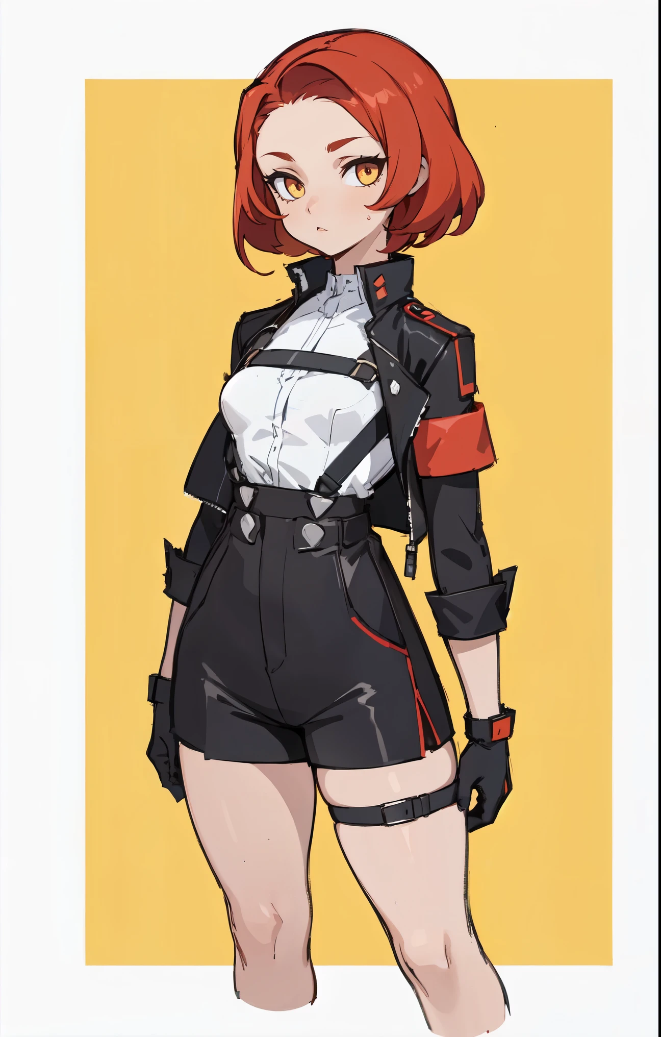 1girl, young woman, solo, short hair, Small hair, (forehead:1.2), yellow eyes, sharp ocular posture, (scarlet red hair), light brown skin tone, Athletic, muscular, medium breasts, (cropped jacket, black jacket), white shirt, collared shirt, (chest harness, shoulder strap:1.15), black leather shorts, pantyhose 7/8, garter belt, gloves, elegant, looking at viewer, standing, mustard color background, masterpiece, best quality, 4k