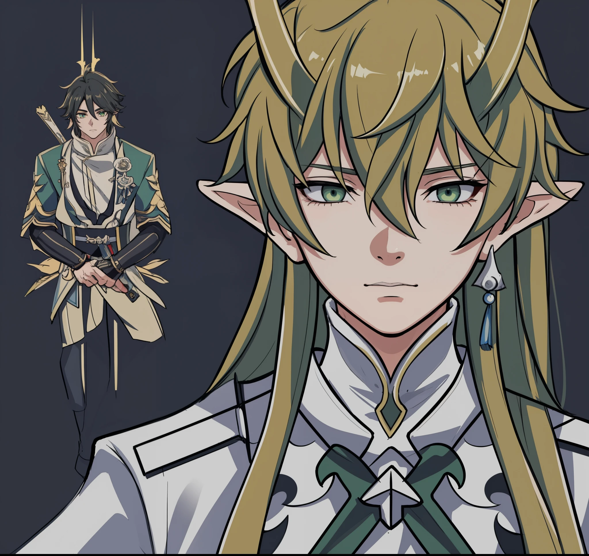 anime boy, calm, relaxed expression, black hair, sea green eyes, white suit, gold ornaments, green horns, elf ears, a drawing of a man in chinese clothes, 1boy, masterpiece, (beautiful and aesthetic:1. 5), thick black lineart, clean lineart, perfect lineart, variable lineart, thick lineart, clean anime outlines, intense line art, bold lineart, sharp lineart, heavy lineart, line art, best quality, high quality, high details, super detail, anatomically correct, best quality, ultra-detailed, colourful, saturated colours, dynamic lighting, HD,