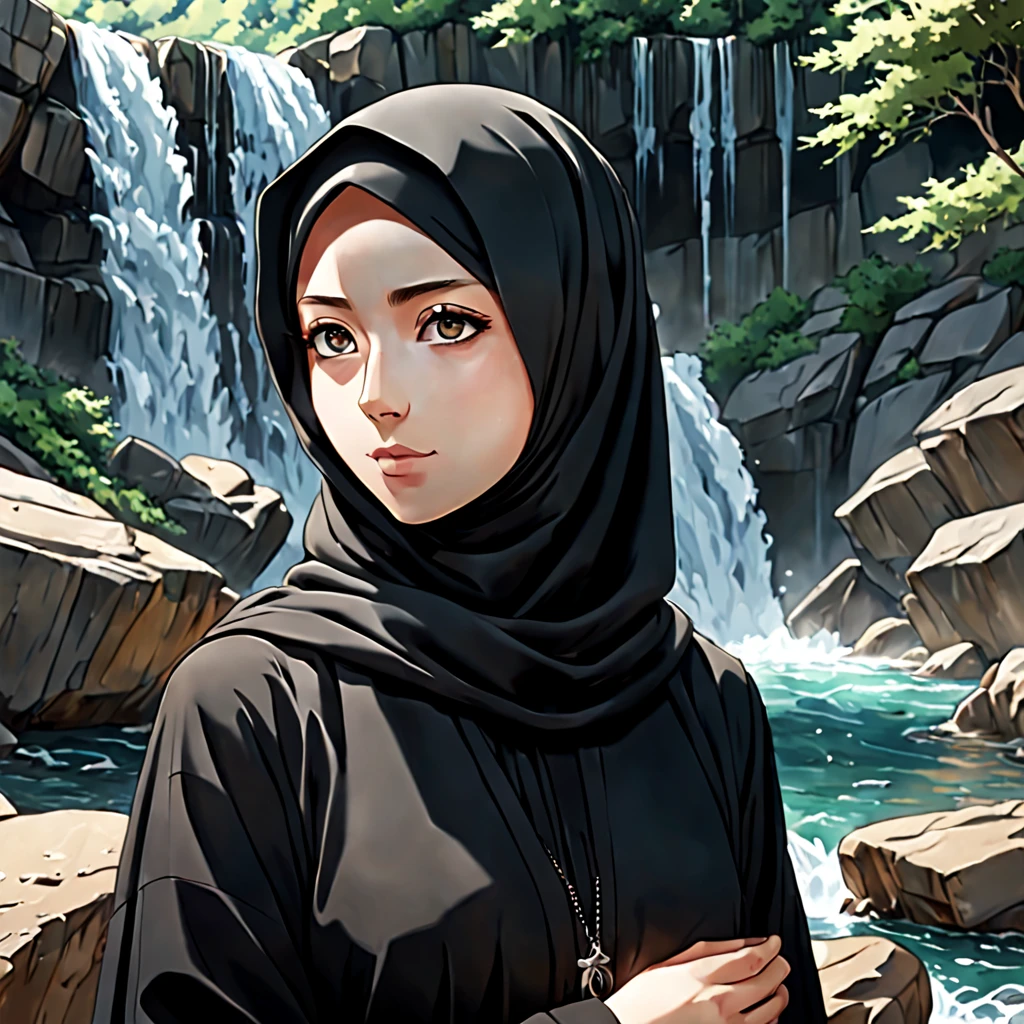 In the Anime style of UFOTABLE studio with excessive details: Develop an ultra-detailed illustration showcasing the extreme close-up of a 24-year-old woman's face, her eyes the focal point of the composition. Clothed in a black Abaya and Khimar Hijab, ensure no strands of hair are visible. In the background, a tranquil waterfall cascades down a rocky cliff, its crystalline waters shimmering in the sunlight. The serene beauty of the natural landscape complements the woman's inner peace and tranquility, creating a harmonious and captivating scene.