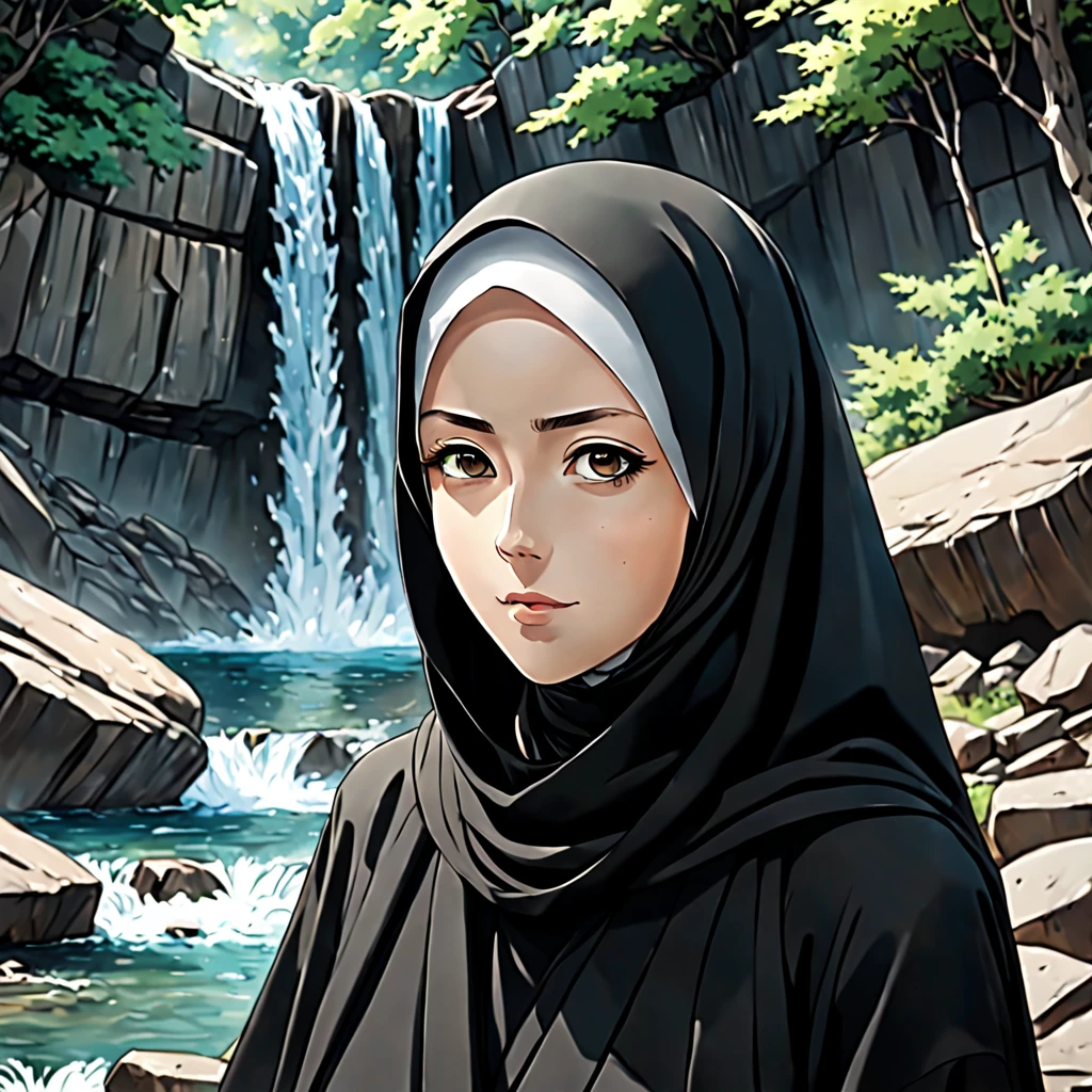 In the Anime style of UFOTABLE studio with excessive details: Develop an ultra-detailed illustration showcasing the extreme close-up of a 24-year-old woman's face, her eyes the focal point of the composition. Clothed in a black Abaya and Khimar Hijab, ensure no strands of hair are visible. In the background, a tranquil waterfall cascades down a rocky cliff, its crystalline waters shimmering in the sunlight. The serene beauty of the natural landscape complements the woman's inner peace and tranquility, creating a harmonious and captivating scene.