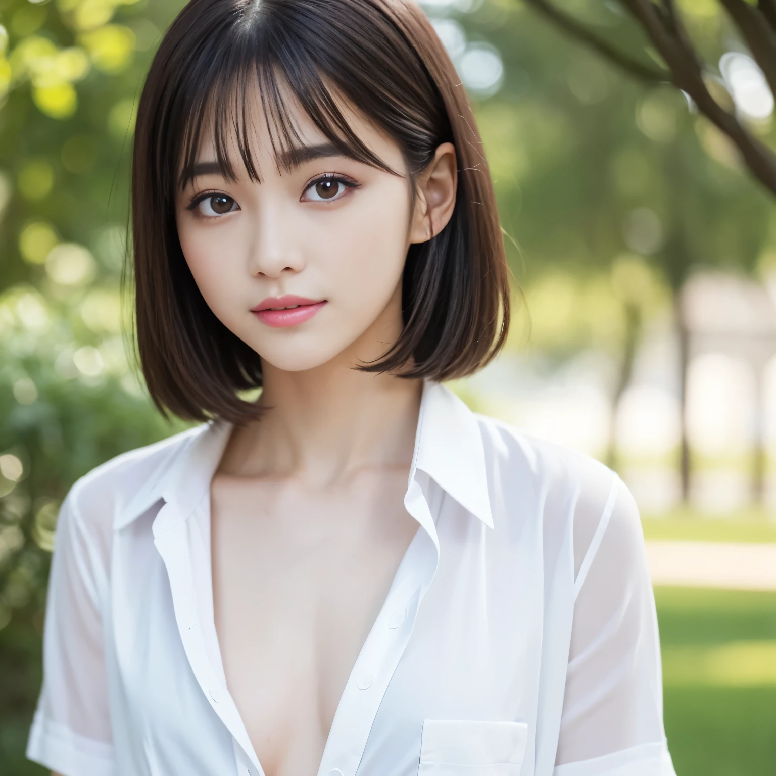 (highest quality、table top、8k、best image quality、Award-winning work)、one cute high school girl、solo、perfect beautiful composition、(Uniform shirt with fully open chest:1.5)、(Unbutton your shirt to fully expose your bare chest:1.5)、(very small naked breast exposed:1.5)、(very short hair:1.1)、(Bangs cut in a straight line:1.1)、slender body、(shy smile looking at me:1.1)、(strongly blurred park background:1.1)、natural makeup、Ultra high definition beauty face、ultra high definition hair、Super high-definition sparkling eyes、(Super high-definition shining pure white skin:1.1)、Super high resolution glossy lips、accurate ???????、ultra high definition hair、(very bright:1.1)