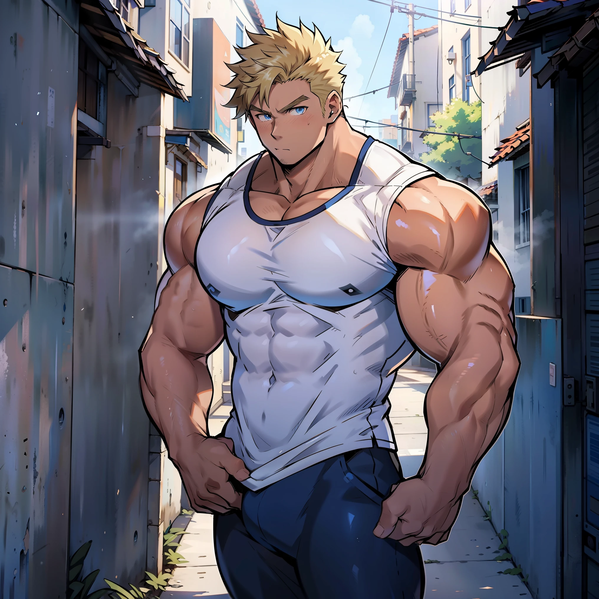 ((Anime style art)), Extremely muscular masculine character, pale skin, blonde hair, sapphire blue eyes, bodybuilder body, wearing a sleeveless V-neck shirt, The character is leaning against a wall. Pockets, Futuristic cityscape, Busy route, Buildings, person
AS & Vehicles. Main character from the anime, Nice image, Hard drive, 4k, Main character leaning against a wall with his hands at face level.