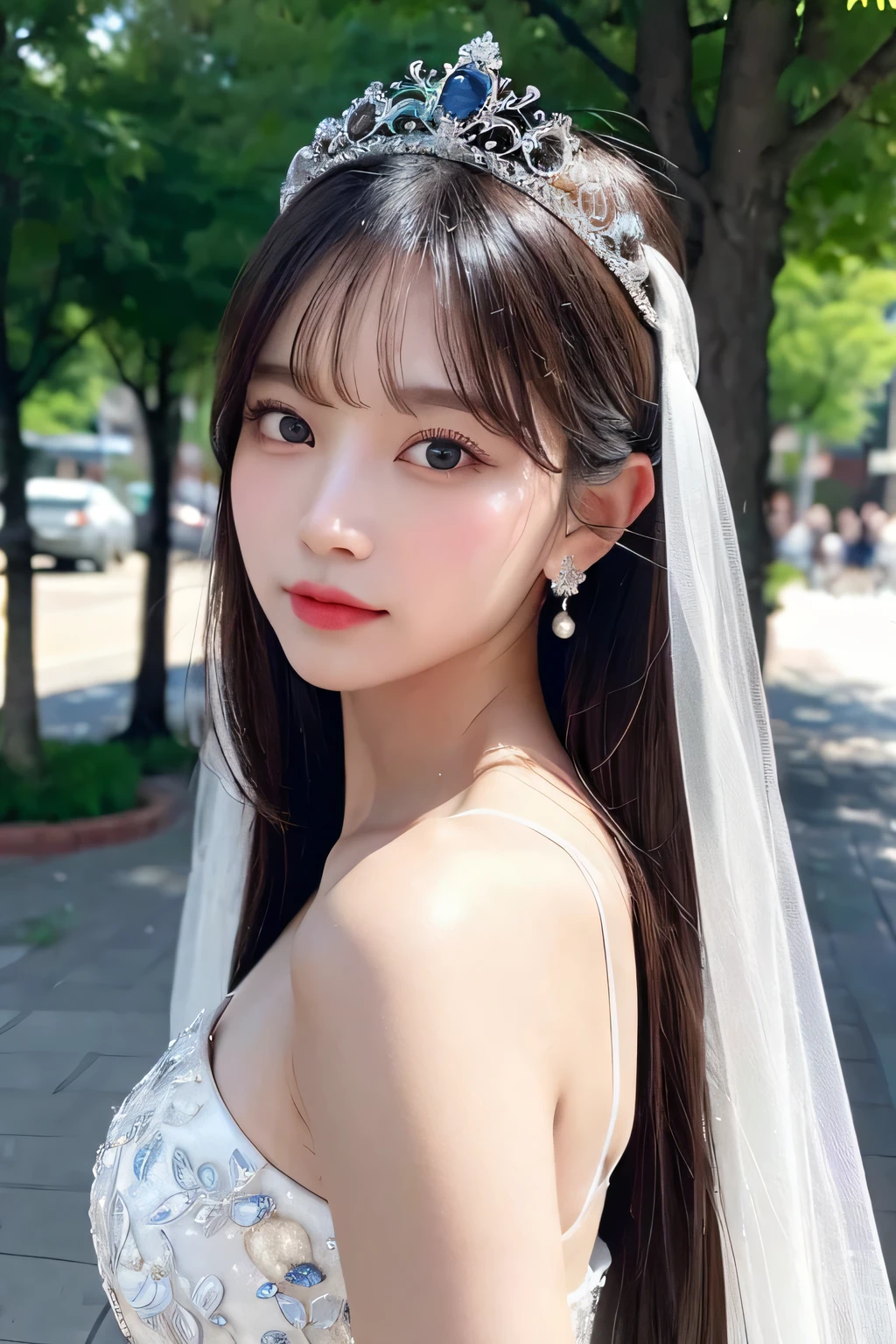 (top-quality、8K, yes、32K、tmasterpiece、hyper HD:1.2)、model like pose、(extremely delicate and beautiful work)、(tmasterpiece)、One girl、Highly Detailed Elegant Wedding Dresses、tiara crown with sapphire、A highly detailed、fascinated expression、white long straight tied hair、Beautiful and clear eyes、blue pupils、delicate necklaces、Delicate earrings、Simple blur background、extreme detail description、Beautiful fece、A charming、Ultra-fine painting、delicated face、Delicate figure、thin clavicle、Beautiful pink lips、Soft back view、mix4、(8K、Raw photography、top-quality、tmasterpiece:1.2), (reallistic, Photorealsitic:1.37),1girl in,Cute,Cityscape, natta, Sateen, Moisturized, Professional Lighting, photon maping, Radio City, physically-based renderingt, above waist、