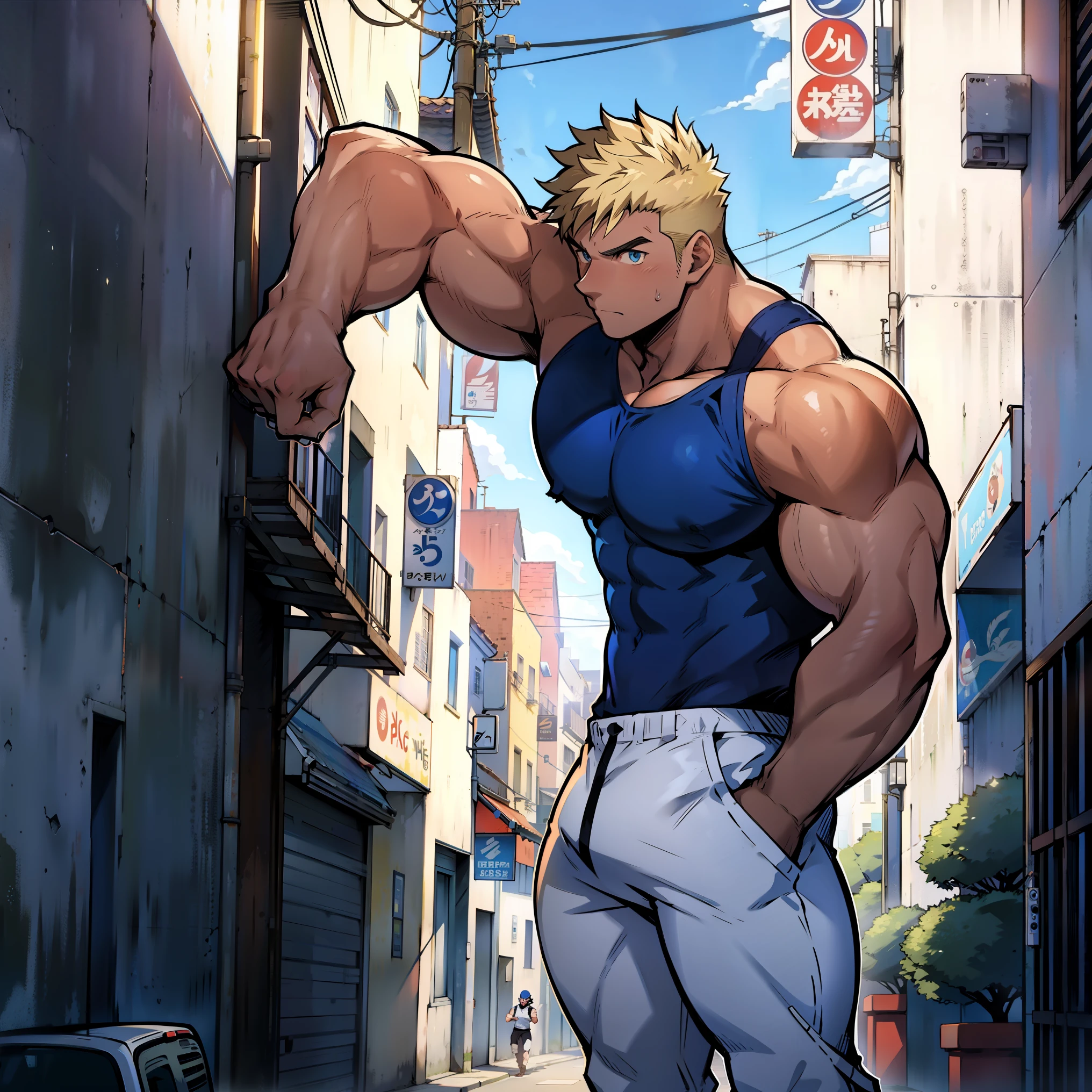 ((Anime style art)), Extremely muscular masculine character, pale skin, blonde hair, sapphire blue eyes, bodybuilder body, wearing a sleeveless V-neck shirt, The character is leaning against a wall. Pockets, Futuristic cityscape, Busy route, Buildings, person
AS & Vehicles. Main character from the anime, Nice image, Hard drive, 4k, Main character leaning against a wall with his hands at face level.