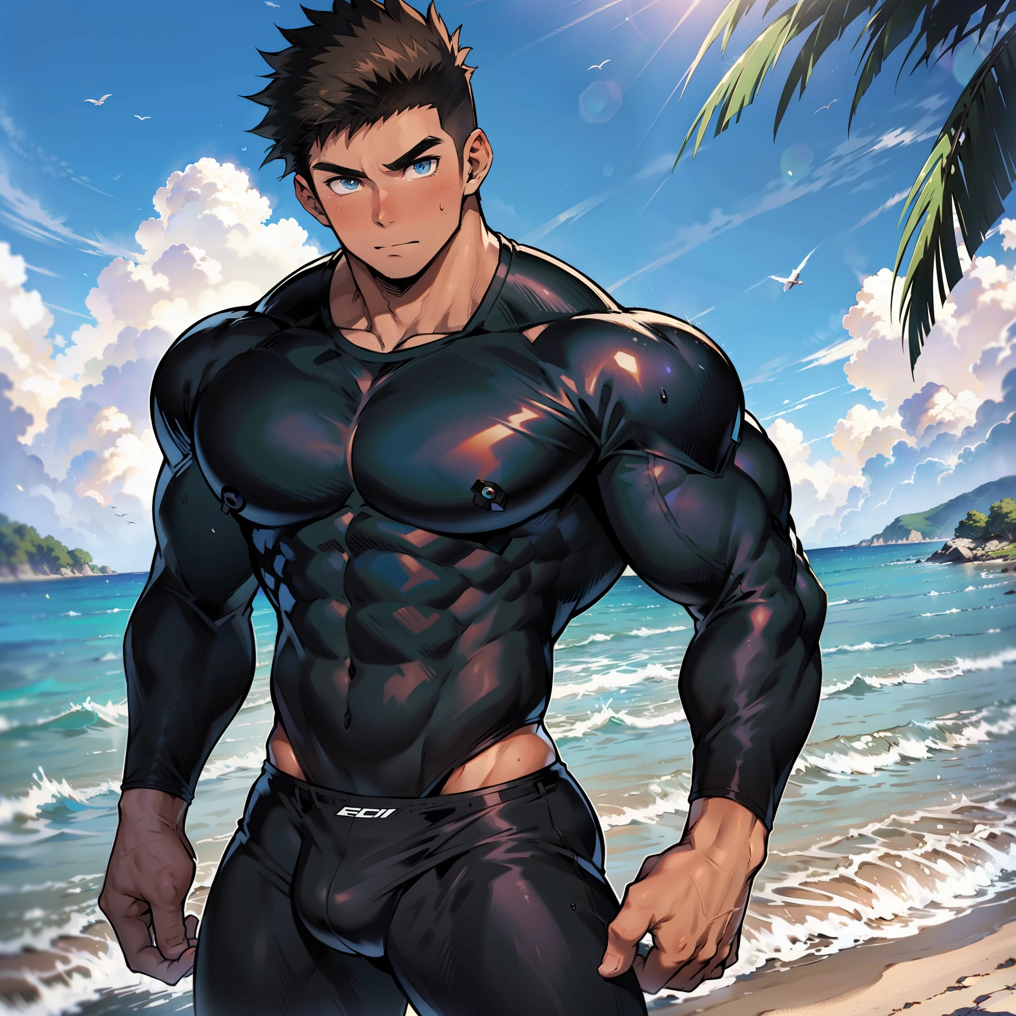 ((Anime style art)), ( face) in the beach, 15 y years old) attractiven ethnicity. tanned skin, jet black hair, carefree expression, young man, alone, marked muscles, beautiful musculature, aesthetic stretch marks, inspiring physique, slender muscles, square pecs, beautiful V-cone, excellent abs and torso, chiseled abs, pectorals chiseled, with his jet black military haircut and voluminous neck, narrow waist, bare chest, shirtless, topless, blue eyes, young face, he wear a thong.