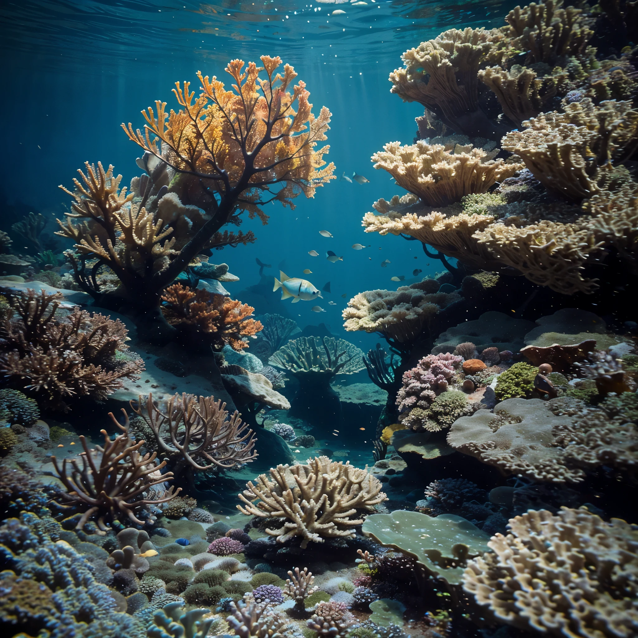 Two brightly colored fish are swimming in the coral reef with bubbles and seaweed and the fish are close by