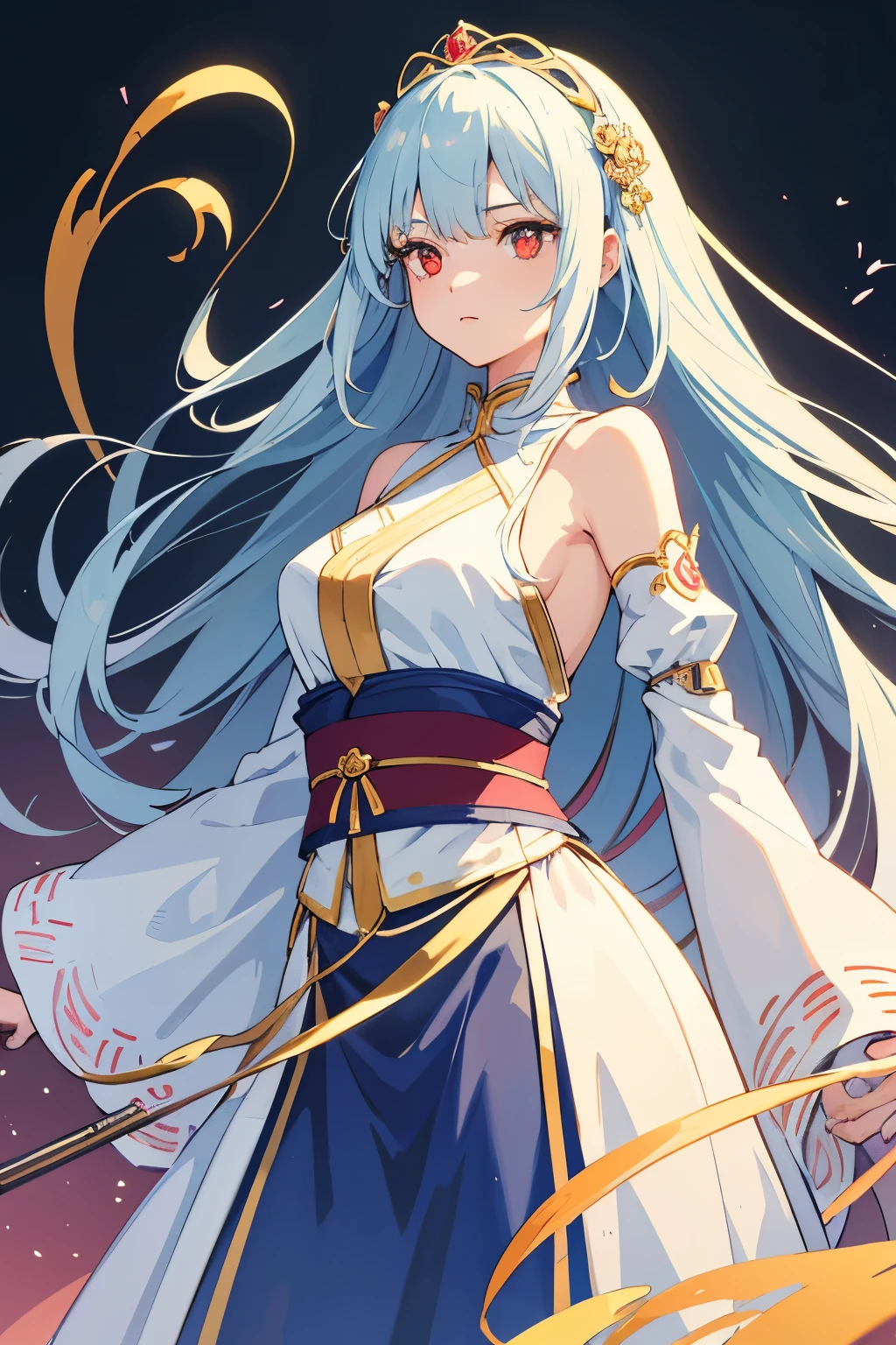 (masterpiece:1.2, best quality), (Delicate and beautiful eyes: 1.2), ((1 girl)), ((alone)), (red eyes:1.4), (Detailed eyes and detailed face:1.3), (beautiful clear background:1.2), (Extremely detailed CG, Super detailed, best shadow:1.1), ((depth of field)), ((watercolor)), (They:1.5), (Ancient costume:1.3),   beautiful concept illustration, (White background:0.5), (illustration:1.1), (extremely exquisite:1.1), (Perfect details:1.1), from the side, Cowboy shooting,The woman is slightly taller，Has eye-catching long light blue hair，着一身蓝色白边的long skirt，A pair of white jade-like arms are exposed from the sleeves，long skirt，Straight hair shawl，Eye pupil details，Ancient costume，A detailed longbow，Ribbon，masterpiece


