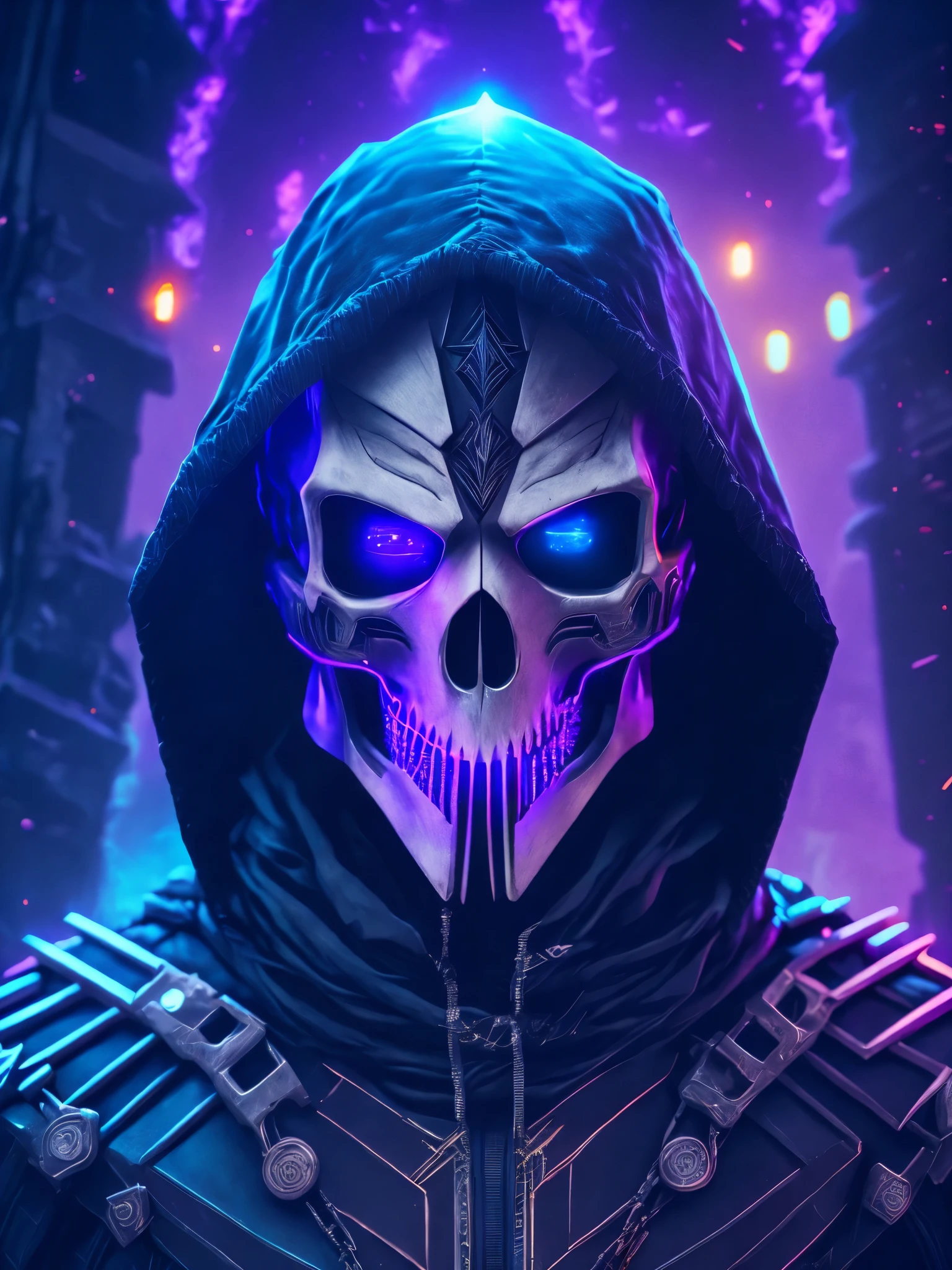 Blue led glowing skull, with an X over it in anime form,8k,