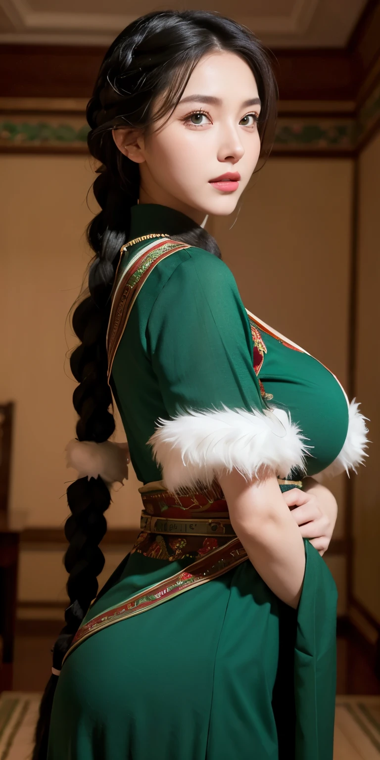 1girl, huge breast, black hair, green eyes,high quality, ultra detailed, masterpiece, realistic, Christmas clothes,braid,standing
