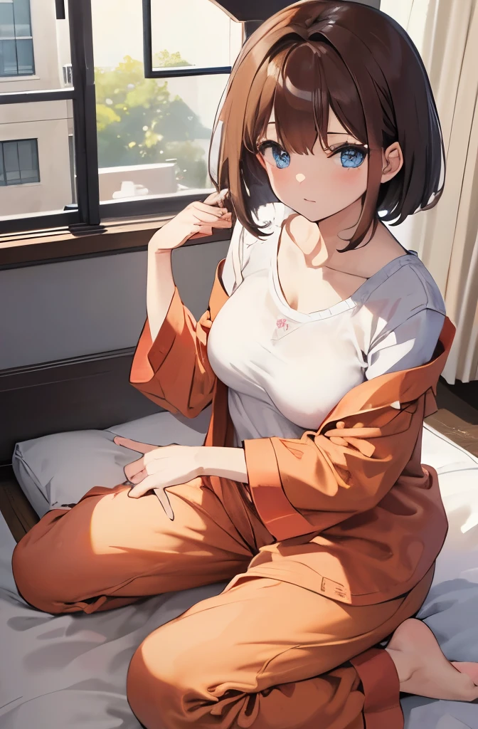 8K, best quality, master piece, ultra-detailed, brown hair、pajamas、pajamasの下に黄色の下着を着ている、medium breasts、room、on the bed、middle short hair、pale blue eyes