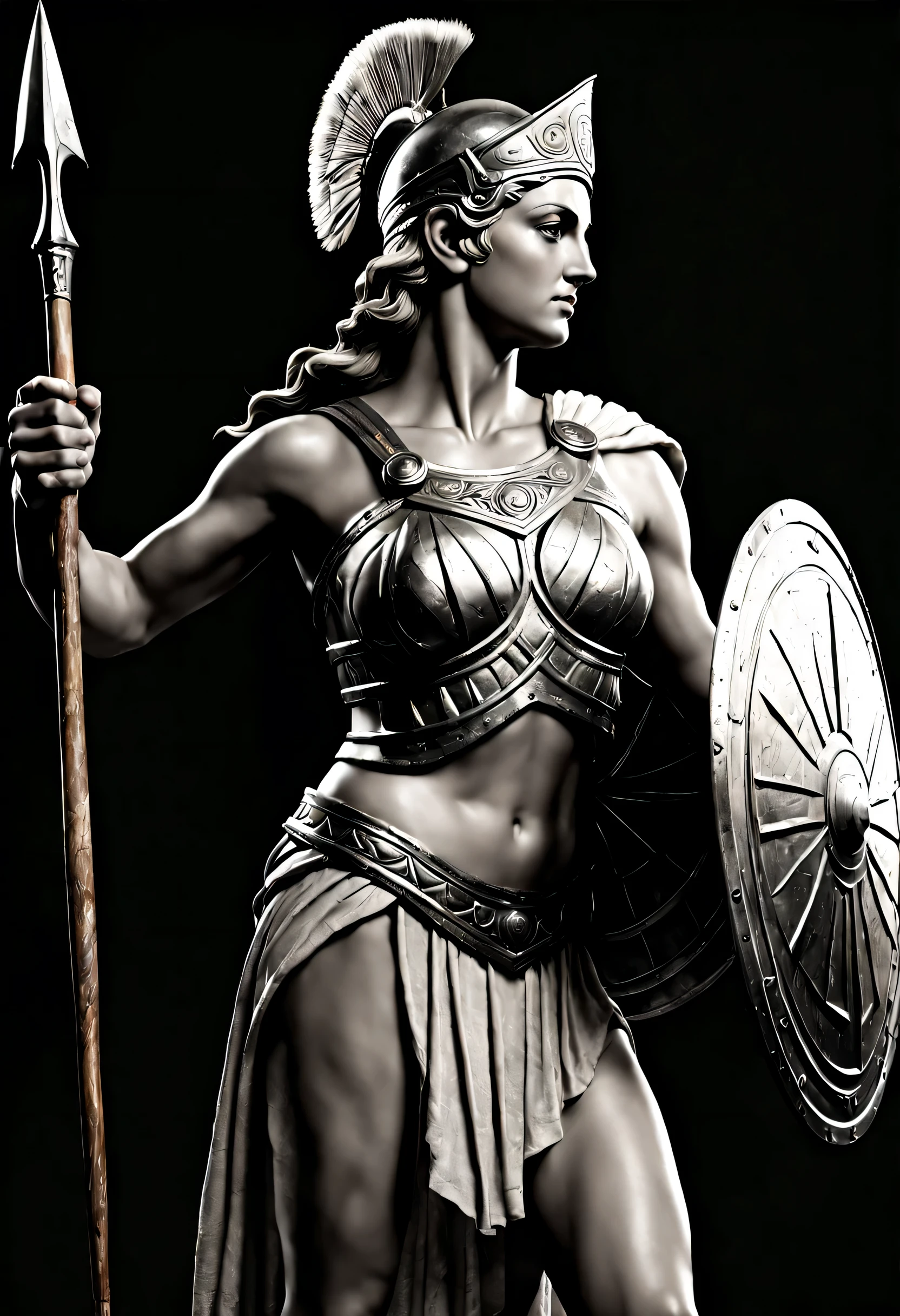 image d'a strong and athletic Greek goddess. Elle n'has only two arms and has a spear in his right hand and a shield in his left hand.. she looks to the right side of the'image. L'image est en ton gris comme une texture de carte de hauteur. Fond noir pur