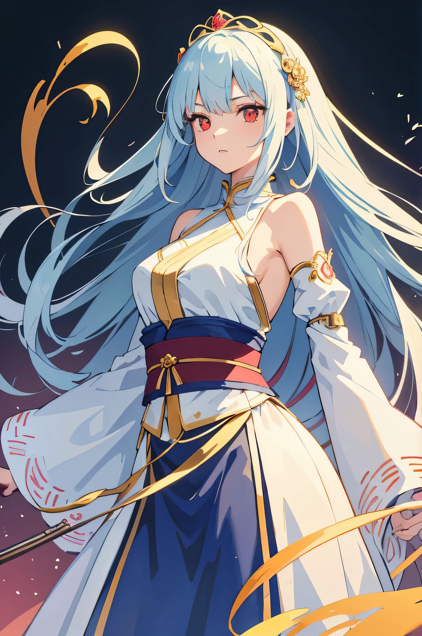 (masterpiece:1.2, best quality), (Exquisite and beautiful eyes: 1.2), ((1 girl)), ((alone)), (red eyes:1.4), (Delicate eyes and delicate face:1.3), (beautiful clear background:1.2), (Extremely detailed CG, super detailed, best shadow:1.1), ((depth of field)), ((watercolor)), (them:1.5), (Ancient costume:1.3),   beautiful concept illustration, (White background:0.5), (illustration:1.1), (Extremely refined:1.1), (Perfect details:1.1), from the side, cowboy shooting,The woman is slightly taller，Has eye-catching long light blue hair，着一身蓝色白边的long skirt，A pair of white jade-like arms emerge from the sleeves，long skirt，Straight hair shawl，Eye pupil details，Ancient costume，Detailed longbow，ribbon，masterpiece

