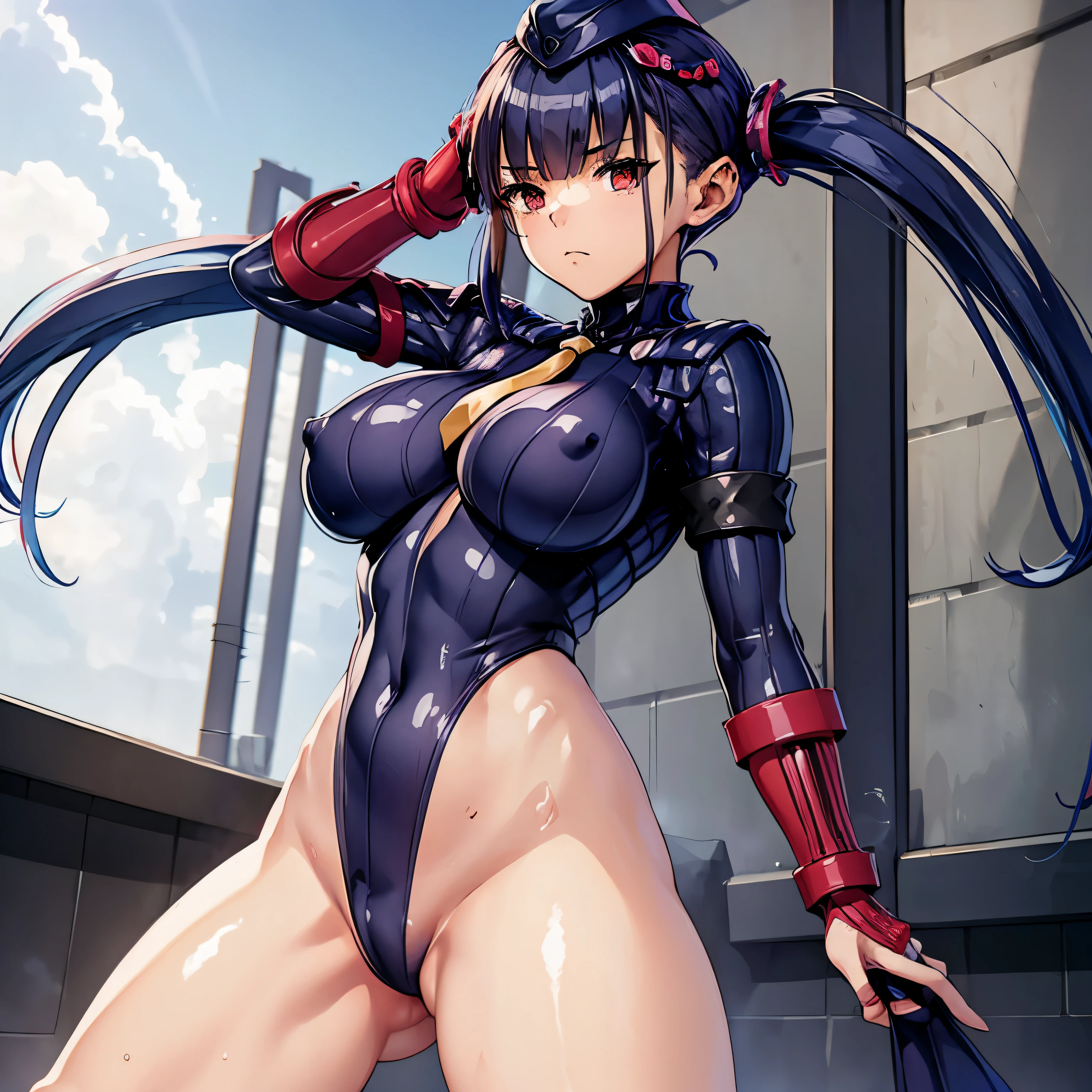 super detailed, explicit, beautiful body, beautiful nose, beautiful character design, perfect eyes, perfect face, ultra high resolution, 4k, beautiful feet, perfect legs, nice hands, perfect hands, masterpiece, highest quality, very detailed, figure, disorganized, perfect anatomy, Street Fighter, doll suit, Shadaloo doll, doll suit, No expression, empty eyes, looking at the viewer, red gloves, emotionless, black latex, corruption, Mind control, female combatant, whole body, Hypnosisにかかった, unhappy trance, whole body suit, ribbed bodysuit, arms to the sides, follow, perfect female body, extremely glossy latex, Hypnosis, hypnorolla, empty eyes, Mind control装置, Pauses, obedient_Pause, slave, Are standing straight, Are standing, Are standing at attention, have, tie, belt, latex, ribbed bodysuit, Thighhighs, garter belt, combat readiness, Extend your right arm from your shoulder and reach up into the air., army, thigh boots, 1 girl, hair ornaments, blue hair, long hair, red eyes, (((pixel perfect, Perfect in every detail))), alone, 1 girl, satsuki mari, heaven burns red, long and low twintails, salute, saluteする, army saluteする