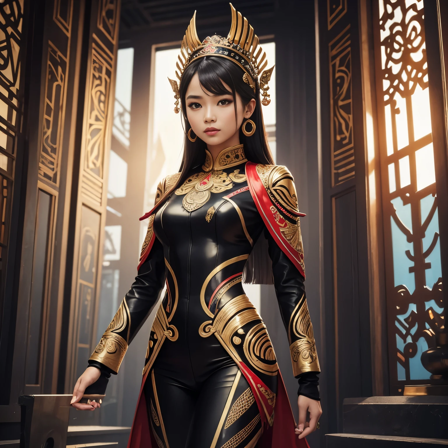 An Indonesian-styled futuristic suit worn by a girl depicting cultural fusion and modern fashion. The suit is adorned with intricate patterns and vibrant colors, showcasing the rich heritage of Indonesia. The girl stands confidently in a dynamic pose, with her detailed eyes reflecting determination and curiosity. The suit's material is a combination of traditional textiles and futuristic synthetic fabrics, giving it a unique and avant-garde appearance. The overall image quality is of the highest standard, with sharp focus and ultra-detailed rendering. The artwork employs physically-based rendering techniques, resulting in realistic lighting and shadows. The colors are vivid and vibrant, capturing the essence of Indonesian cultural aesthetics. The background features a fusion of modern architecture and traditional elements, creating a harmonious blend of the past and the future. The prompt explores the intersection of Indonesian culture, futuristic design, and the artistic representation of a confident girl.