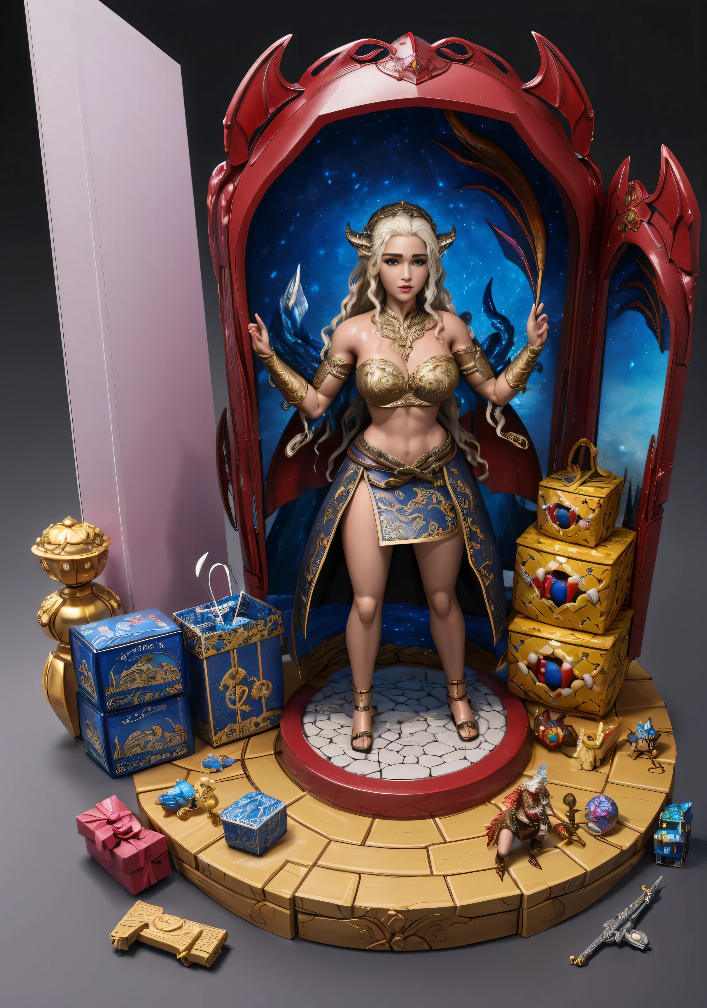 (masterpiece, best quality, ultra detailed, absurdres), diorama, 
closed  pack  premium toy box,  inboxDollPlaySetQuiron style, Daenerys Targaryen, dragon,  (plastic toy playset pack:1.3),  inside gift box,
  