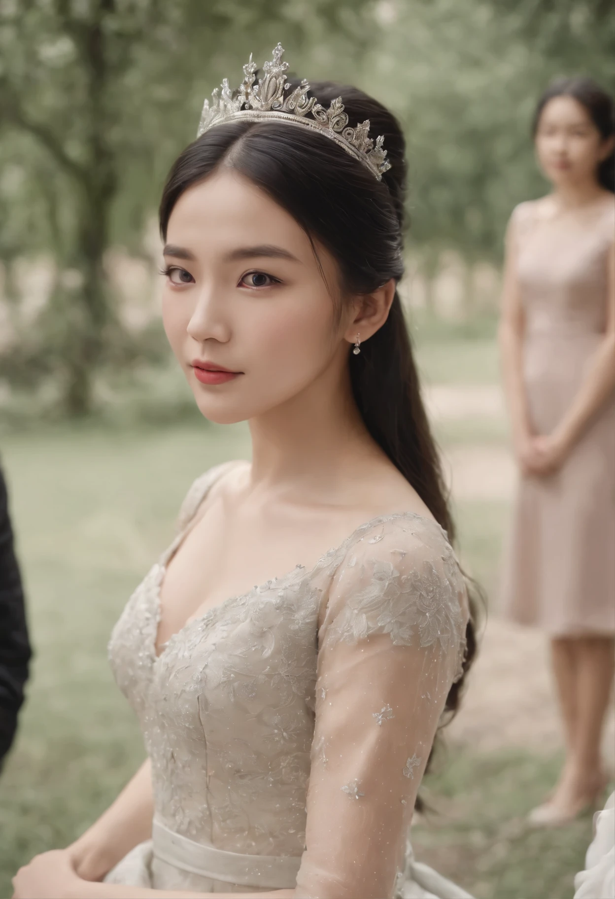 A queen, 19 years old, asian eyes, perfect black hair, beautifil dresses, with father and mother, have 1 older sister and 3 younger sister,