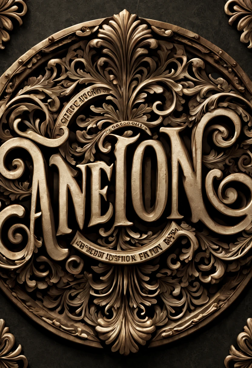 Develop a realistic, vintage-inspired font design that reflects the ornate and intricate styles of the early 20th century, with textured edges and a slight patina to suggest age and character, photographed using a Canon EOS R8 for its depth and richness of color.