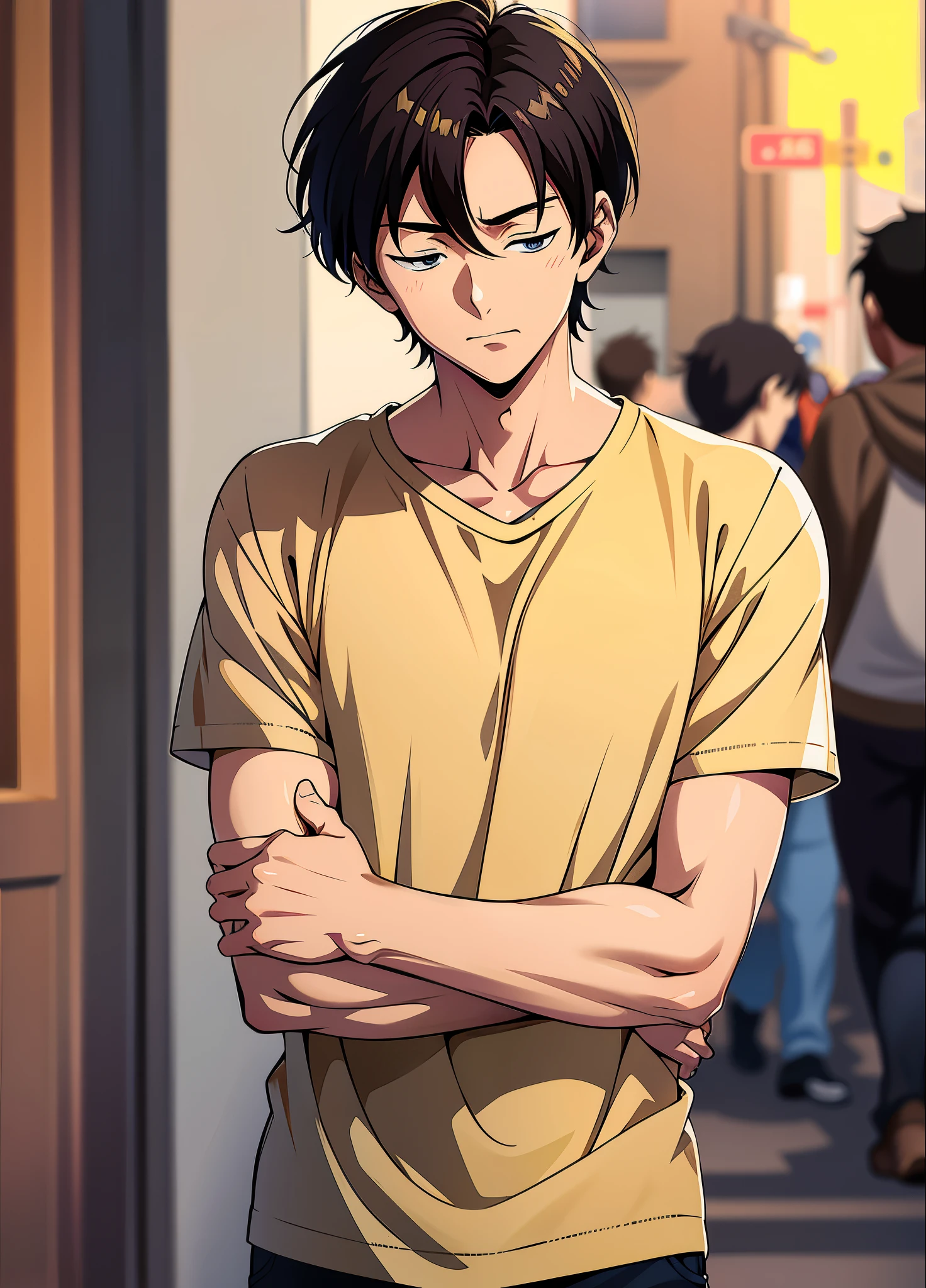 anime character chorando  and a yellow shirt standing in a crowded area, anime handsome man, young anime man, male anime style, anime portrait of a handsome man, handsome anime pose, male anime character, in an anime style, tall anime guy with blue eyes, kentaro miura manga art style, in anime style, kentaro miura manga style, digital anime illustration