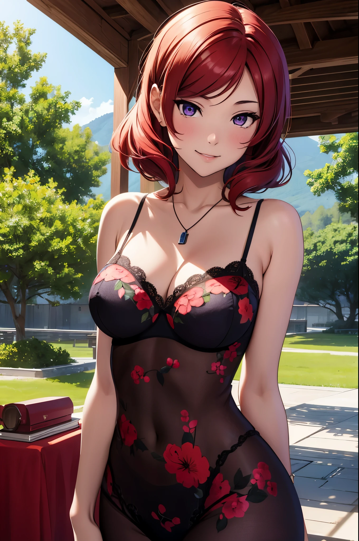 (Masterpiece, Best Quality, High Quality),Nishikino maki, Red hair, purple eyes, volumetric lighting, illustration, beautiful, upper body, (camisole:1.1), floral print, big breasts, looking to the side, confident, seductive smile, (arms behind back, head tilt:1.1), heart pendant, perfect lighting, perfect shadows, flower, (breathtaking scenery:1.1), tree, blushing