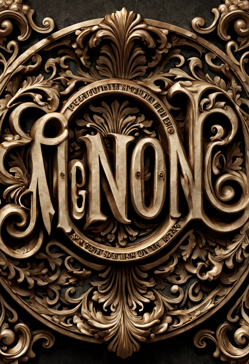 text logo, Develop a realistic, vintage-inspired font design that reflects the ornate and intricate styles of the early 20th century, with textured edges and a slight patina to suggest age and character, photographed using a Canon EOS R8 for its depth and richness of color