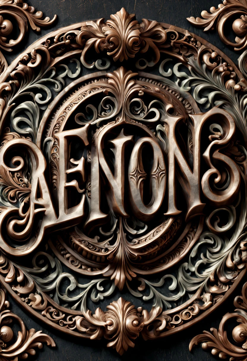 Develop a realistic, vintage-inspired font design that reflects the ornate and intricate styles of the early 20th century, with textured edges and a slight patina to suggest age and character, photographed using a Canon EOS R8 for its depth and richness of color.