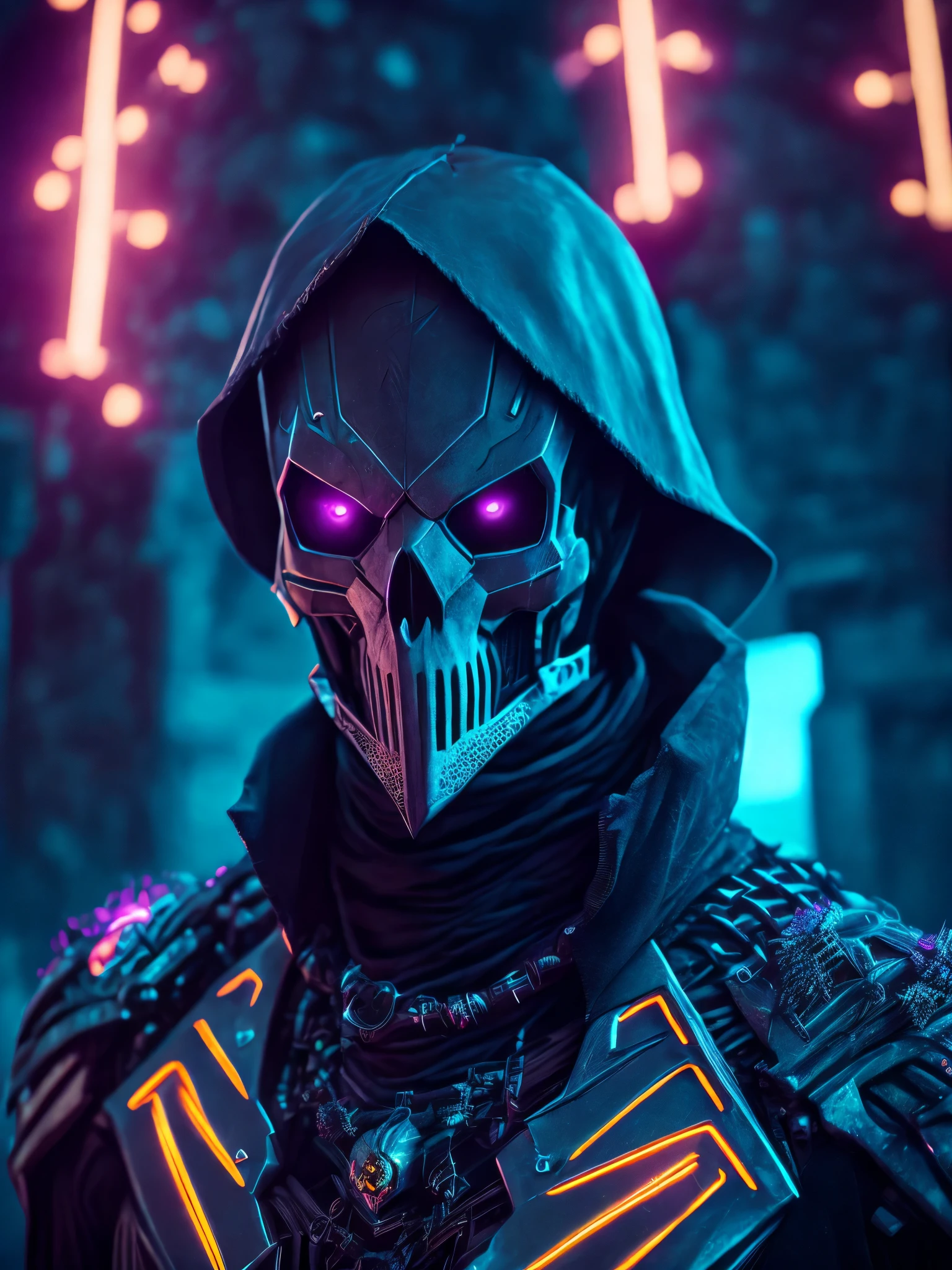 Grim portrait from Marvel dressed as Bone-crusher with intricate angular cybernetic implants inside a brutalist building, gothic brutalist graveyard, cyberpunk, Foto premiada, Bokeh, Neon lights, cybernetic, fireworks in the background.