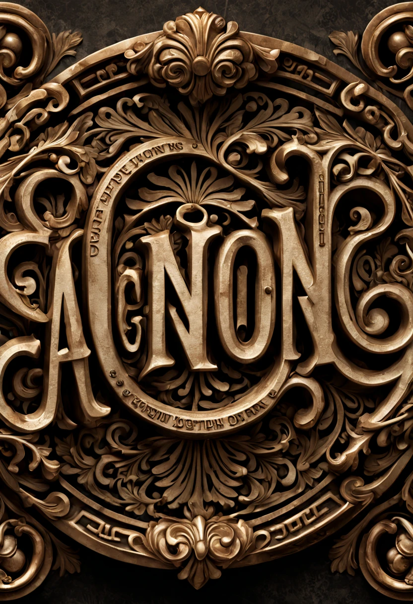 Develop a realistic, vintage-inspired font design that reflects the ornate and intricate styles of the early 20th century, with textured edges and a slight patina to suggest age and character, photographed using a Canon EOS R8 for its depth and richness of color.