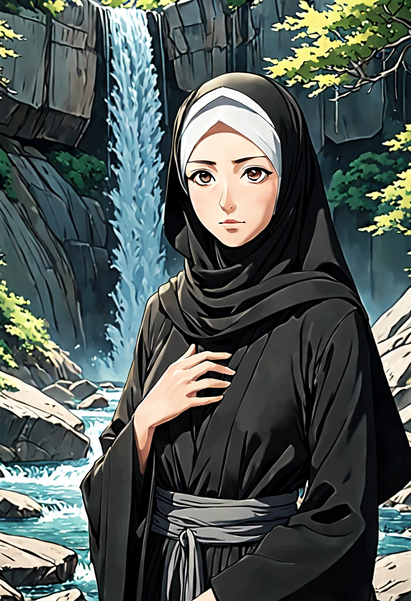 In the Anime style of UFOTABLE studio with excessive details: Develop an ultra-detailed illustration showcasing the extreme close-up of a 24-year-old woman's face, her eyes the focal point of the composition. Clothed in a black Abaya and Khimar Hijab, ensure no strands of hair are visible. In the background, a tranquil waterfall cascades down a rocky cliff, its crystalline waters shimmering in the sunlight. The serene beauty of the natural landscape complements the woman's inner peace and tranquility, creating a harmonious and captivating scene.