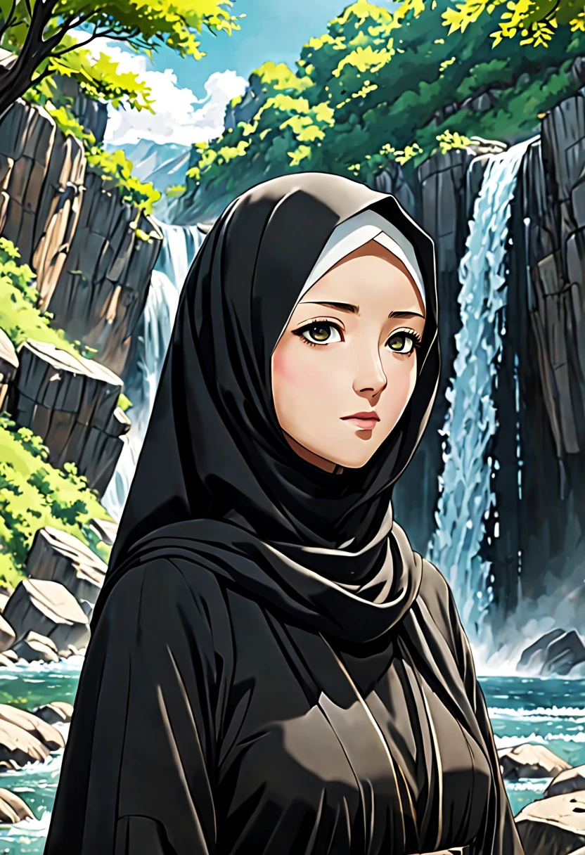 In the Anime style of UFOTABLE studio with excessive details: Develop an ultra-detailed illustration showcasing the extreme close-up of a 24-year-old woman's face, her eyes the focal point of the composition. Clothed in a black Abaya and Khimar Hijab, ensure no strands of hair are visible. In the background, a tranquil waterfall cascades down a rocky cliff, its crystalline waters shimmering in the sunlight. The serene beauty of the natural landscape complements the woman's inner peace and tranquility, creating a harmonious and captivating scene.