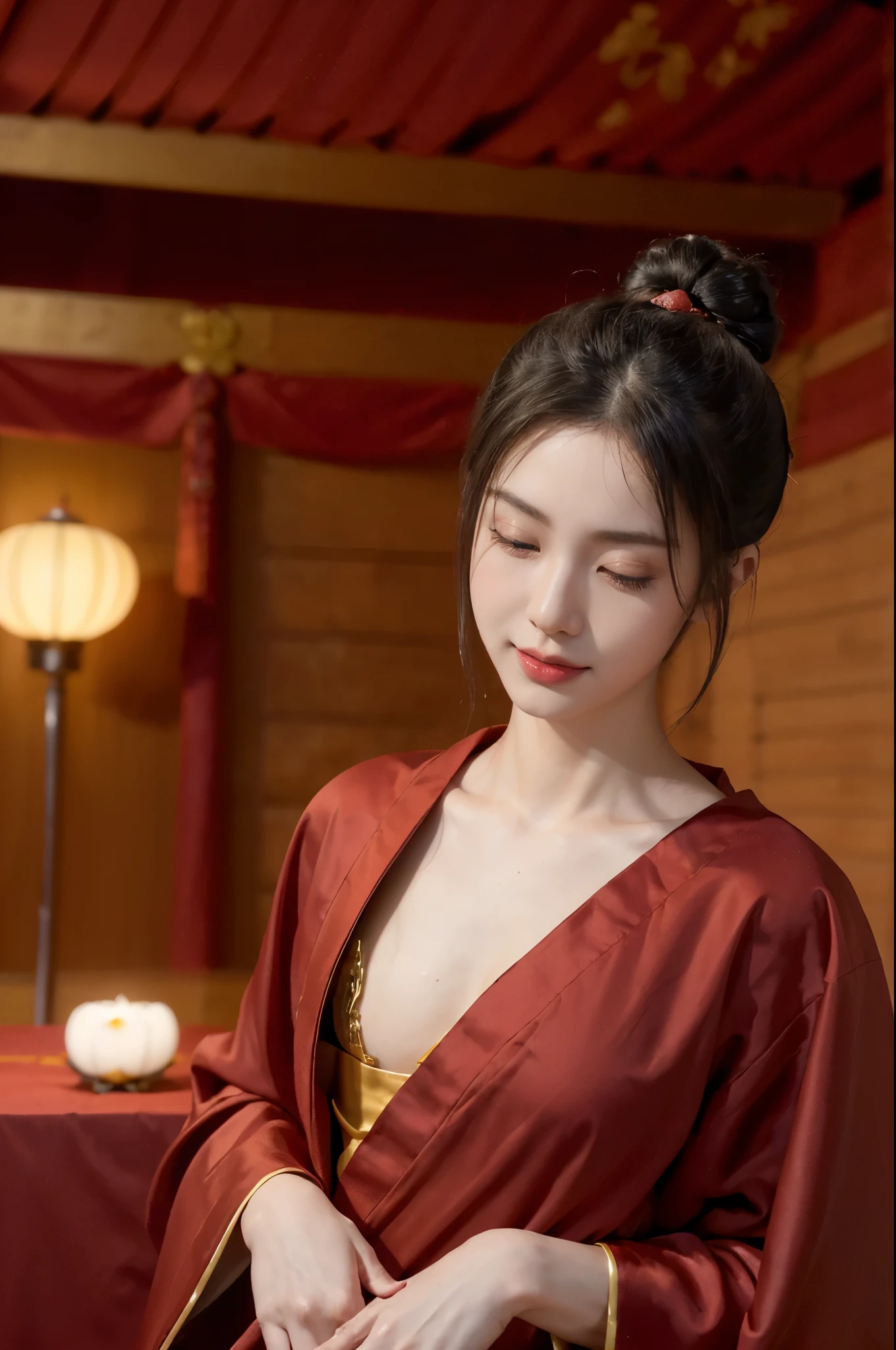 ((((8k))),((Extremely meticulous CG)) ,(wallpaper),16k,((Extremely refined and beautiful)),(((Masterpiece))),(((best qualtiy))),(((Ultra High Resolution))),beautiful light up,Perfect lightning,realistic shaded,[A high resolution],(Smooth and flawless fair skin:1.5),(pale skin:1.3),Extremely exquisite facial details,(perfect body:1.1),ultra-detailed,A beautiful girl,(small head:1.2),(bun hair:1.3),(small face:1.2),Exquisite makeup,(close eyes:1.5),(small breasts:1.2),(flat chests:1.2),(slim,thin),happy,(smile:1.2),(collar:1.2),(Gorgeous red robe:1.5),(red hakama:1.2),(night scene:1.5),(indoor:1.2),(In a luxurious Buddhist temple hall:1.5),(bright lights:1.2),(detailed background:1.5),(Sitting cross legged upright on a lotus flower:1.3),(Devoutly praying:1.3),(meditation:1.3),(In front of the Buddha statue:1.3),(upper body:1.3),(from front:1.3),(Smoky:1.3)