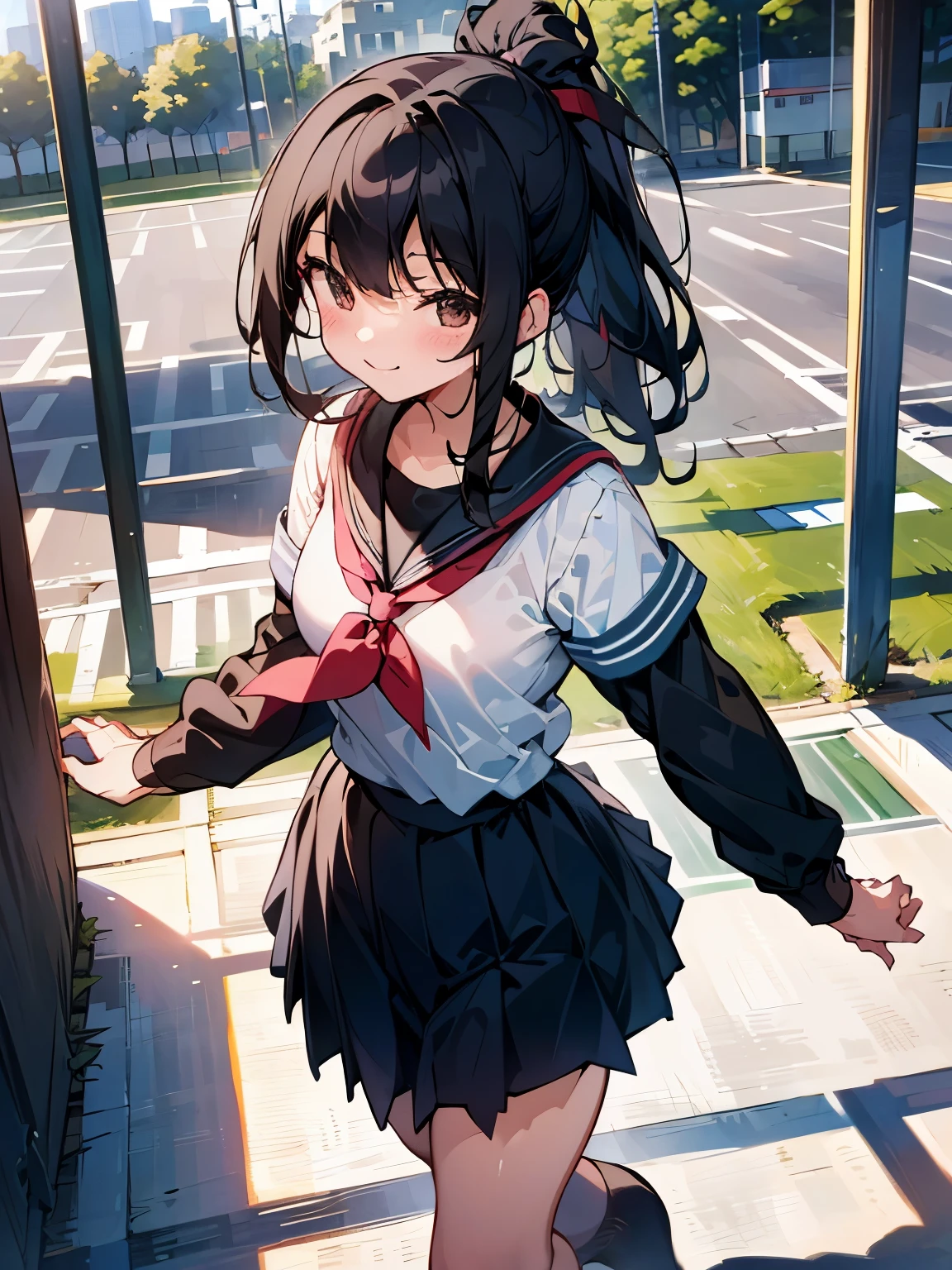 A sunny and cheerful one,long black hair,Hair tied in a ponytail,wearing school uniform,Holding a volleyball,Walk around campus,Talk to you with a smile