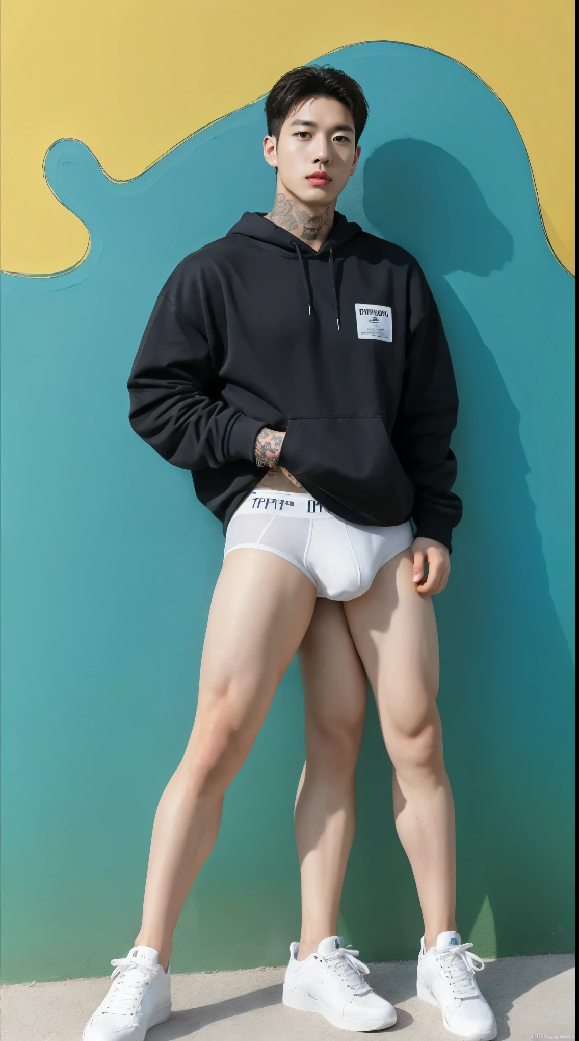 A high-definition, 8K, hyperrealistic portrait of a handsome Korean man with tattoos, facial hair, detailed face,well-defined muscles, exquisite facial features, fully but wearing underwear and sneakers. The background is filled with vibrant and colorful tattoos. Use the style of a post-impressionist painter like Vincent Van Gogh or Paul Gauguin. Include elements of surrealism and hyperrealism, full body, sexy, seduction, sensual, big bulge