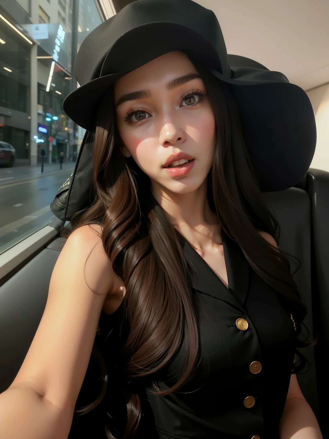 Woman with long brown hair wearing black hat and black dress., vistiendo vestido negro y sombrero, usando una boina francesa, vistiendo un vestido viejo negro y un sombrero, con sombrero, hermosa dama, cindy avelino, cerveza madison, tomorrow brother tran, serena malyon, soft devil queen cerveza madison, hailee steinfeld, Dua Lipa, basia tran