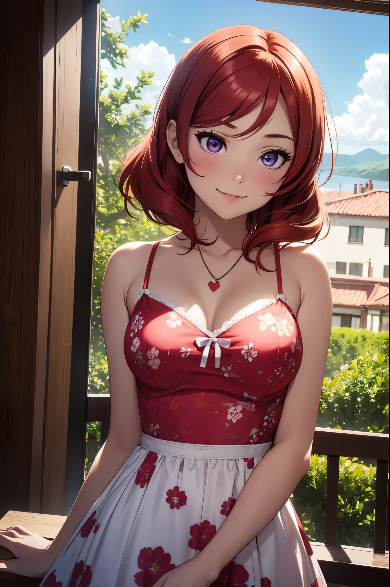 (Masterpiece, Best Quality, High Quality),Nishikino maki, Red hair, purple eyes, volumetric lighting, illustration, beautiful, a bow,upper body, (camisole:1.1), floral print, looking to the side, confident, seductive smile, (arms behind back, head tilt:1.1), heart pendant, perfect lighting, perfect shadows, flower, (breathtaking scenery:1.1), tree, blushing