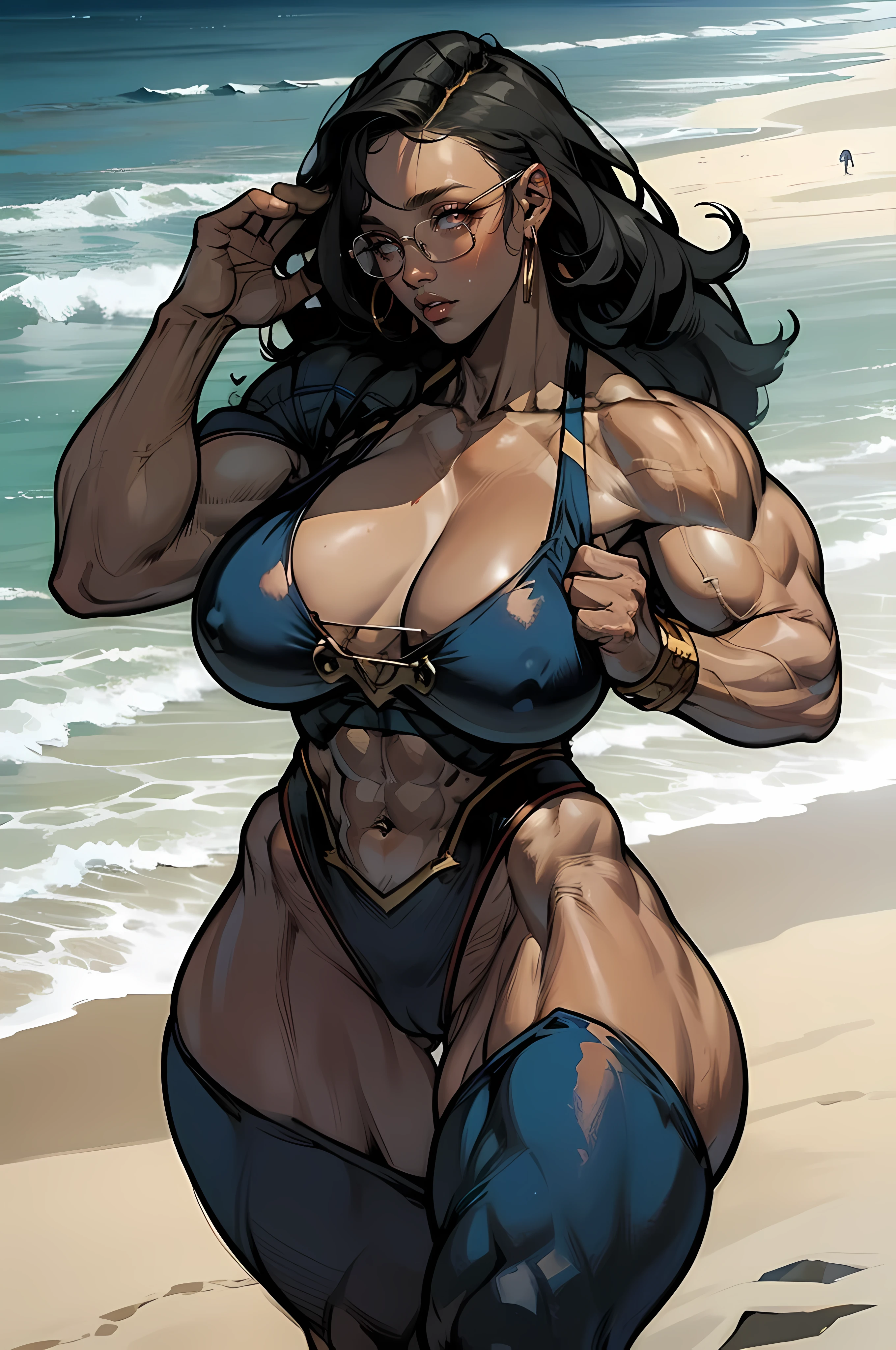 "Immaculate lighting, beach scene, America Chavez posing seductively, donning sunglasses, (((Huge breasts))), ((long legs)), ((wide hips)), ((((Muscular Quadriceps)))), (((Massive Female Bodybuilder)))."