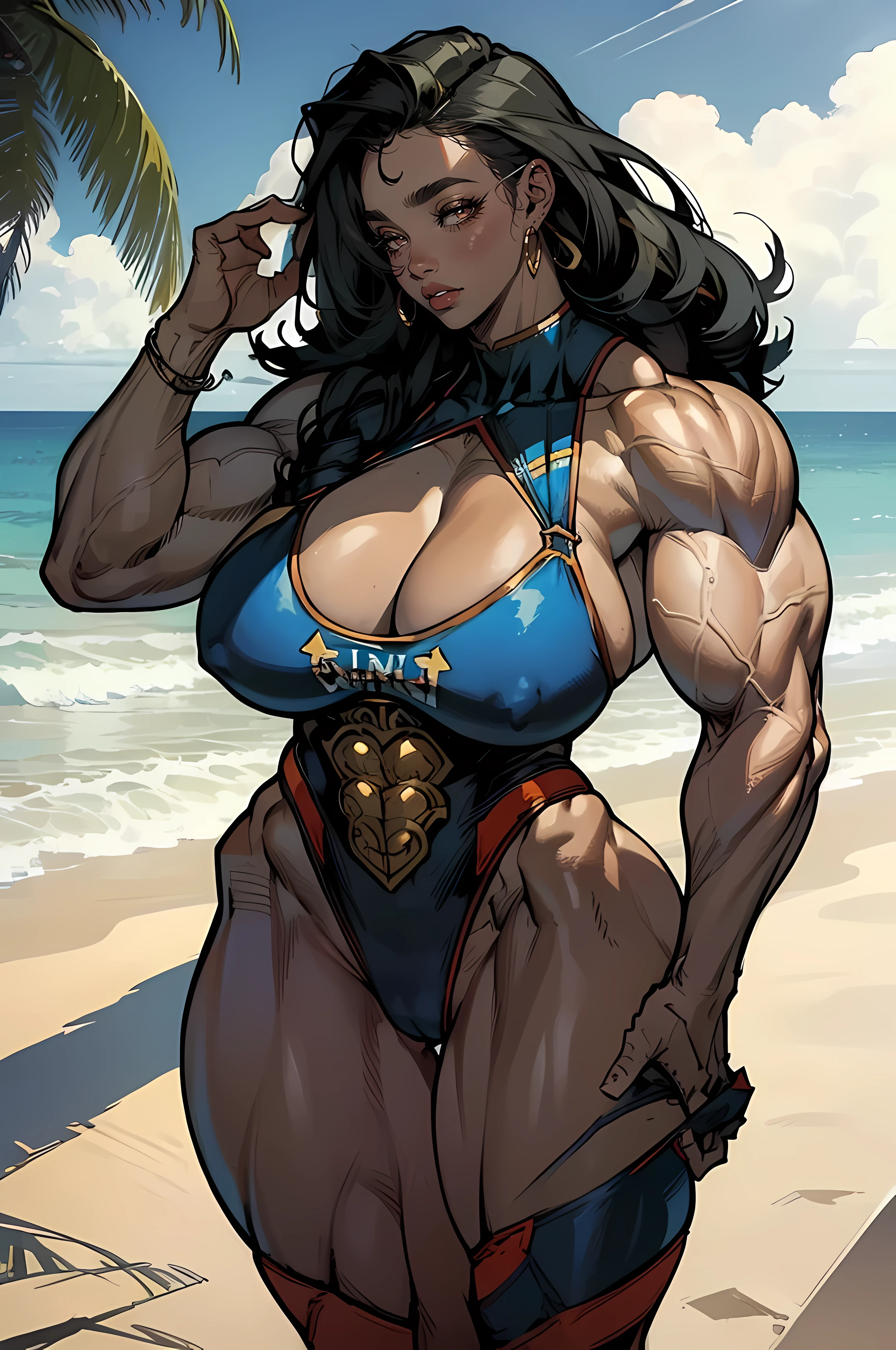 "Immaculate lighting, beach scene, America Chavez posing seductively, donning sunglasses, (((Huge breasts))), ((long legs)), ((wide hips)), ((((Muscular Quadriceps)))), (((Massive Female Bodybuilder)))."