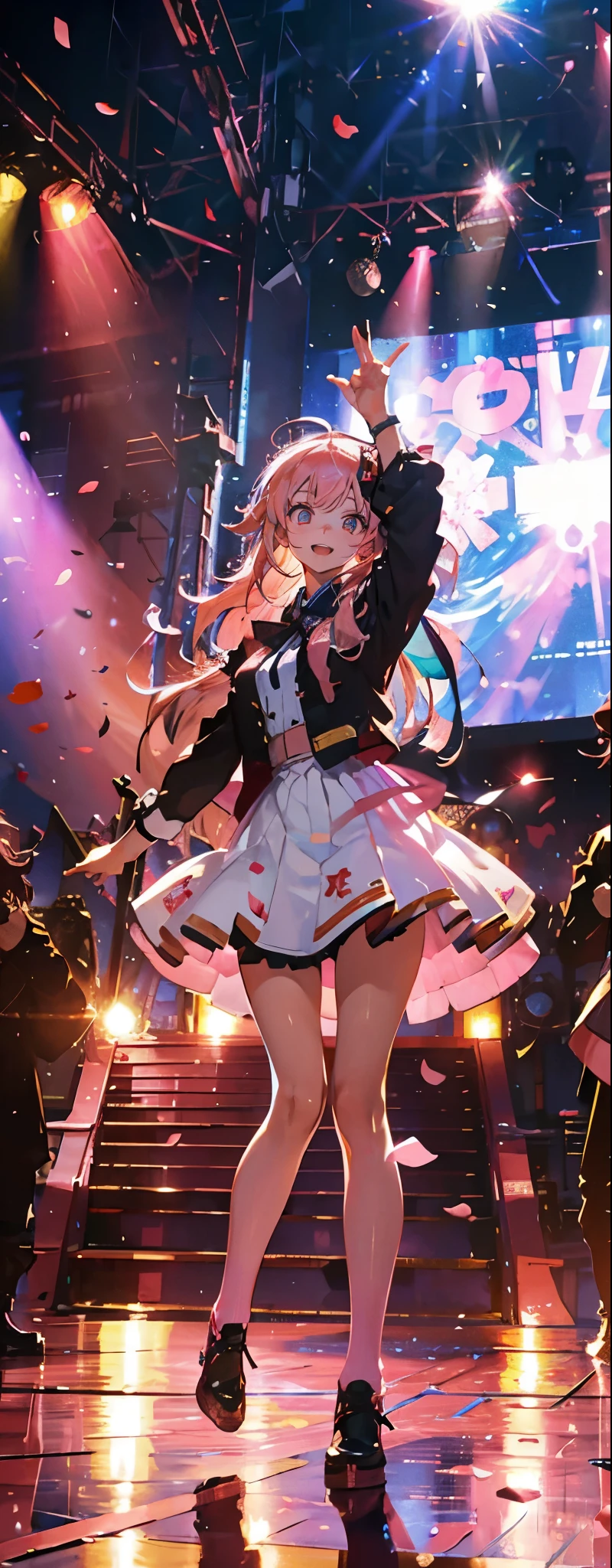 (muste piece), (best quality), very detailed, ((1 girl)), solo full body shot,Viewer's perspective,Low - Angle,dynamic,jump,(smile),wink,perfect face, beautiful face, very detailedな顔,((Pink hair long hair_red eyes:1.3)),Gorgeous idol costumes,solo idol,ribbon hair ornament,concert dome,live,have a microphone,singing,smiling with mouth wide open,Laser Light,Spotlight,Lots of confetti