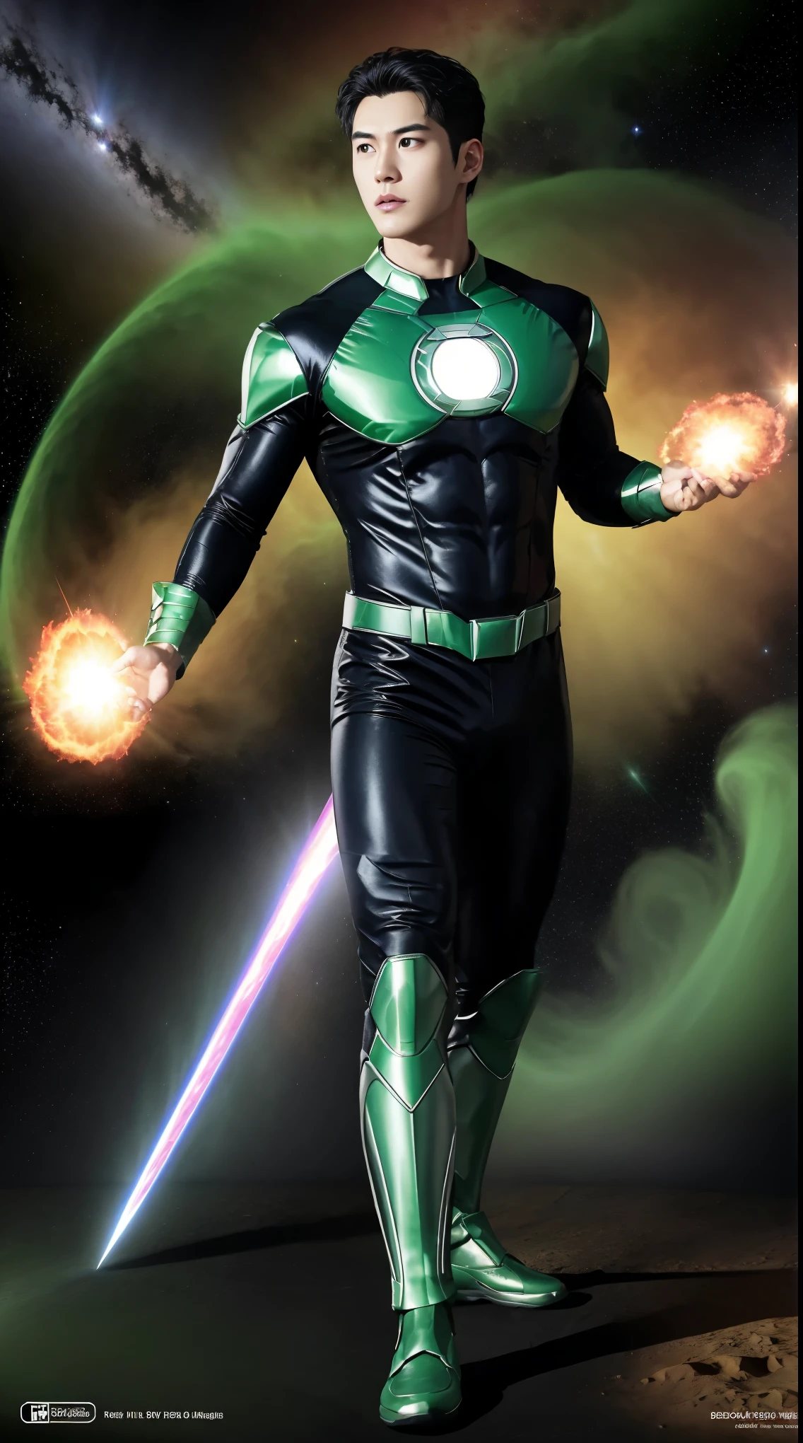 create picture a The green ring of  Green lantern outfit projected a holographic image of a giant hammer attacking. a handsome Korean man model, 30 years-old, Medium-parted bob hairstyle black hair, in Green lantern outfit, grt aura magic cover all his body, determined face, surrounded by nebula, he flying on the space. full body view. worm eyes view, legs visible.