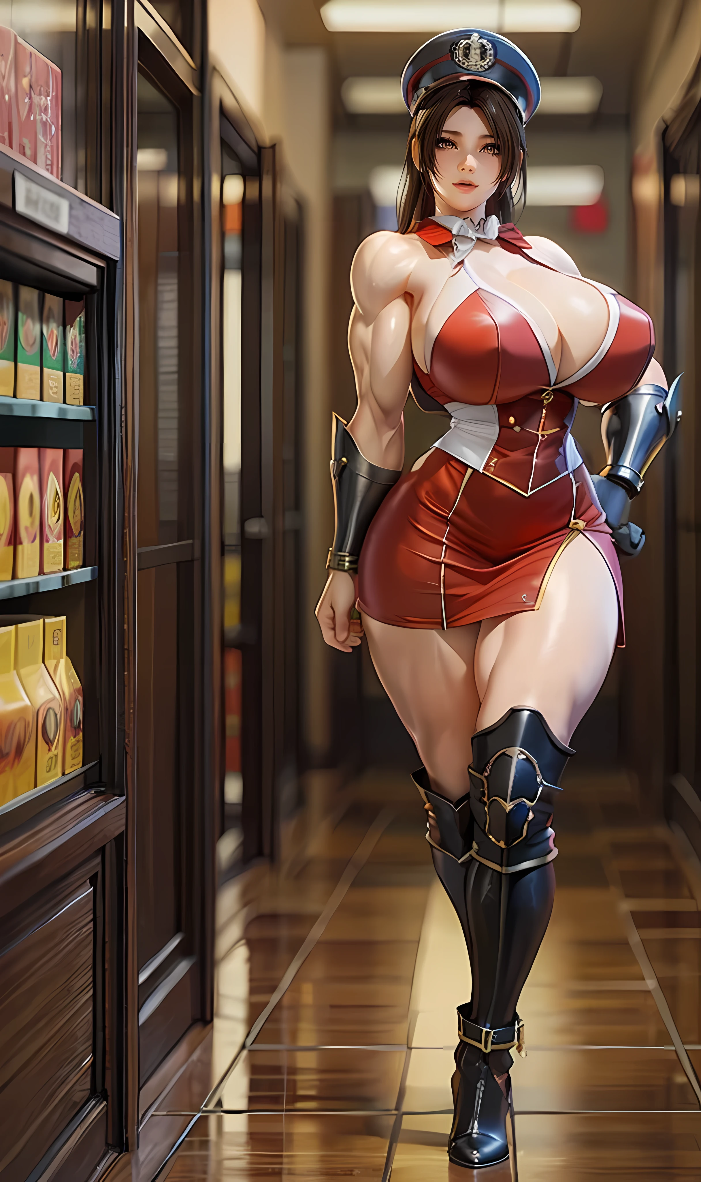 Quality face, adult woman, smile, pheromones, married woman, muscular, Hercules, muscular arms, blood vessels, muscular thighs, small bust, tall stature, full body, office lady uniform, sleeveless, tight long skirt, black long boots, bare feet, bank teller, (((Huge breasts))), ((long legs)), ((wide hips))