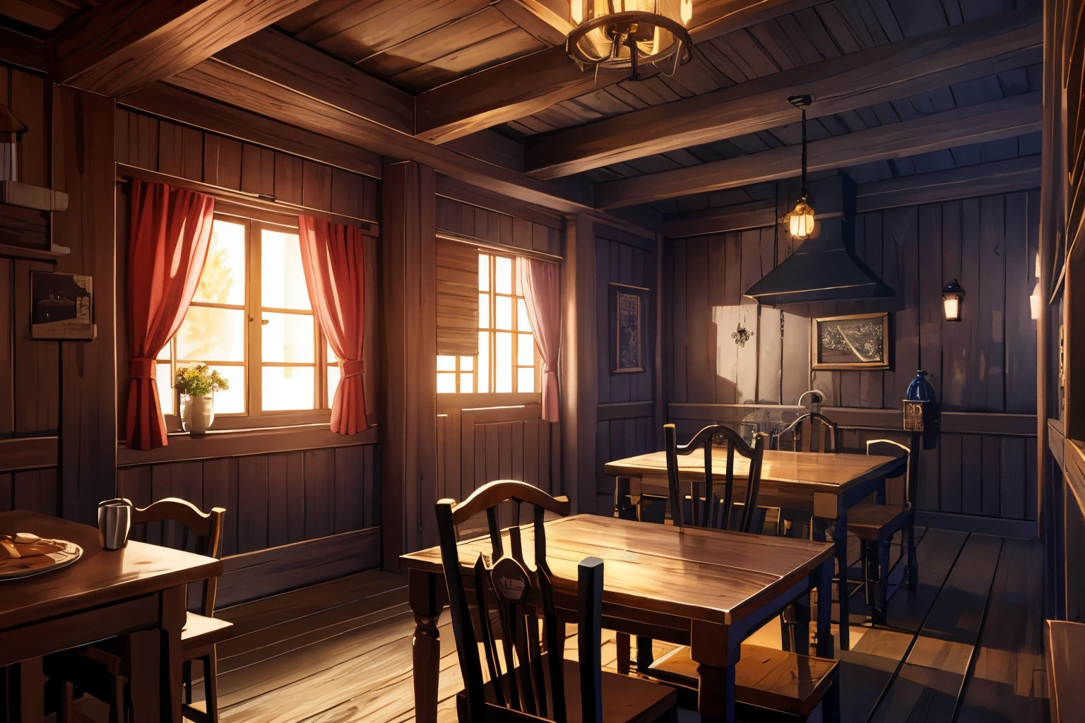 tavern, fantasies, no people, деревянная fantasies таверна, Wooden walls, Spacious room, many wooden tables, gloomy, poor, sadly